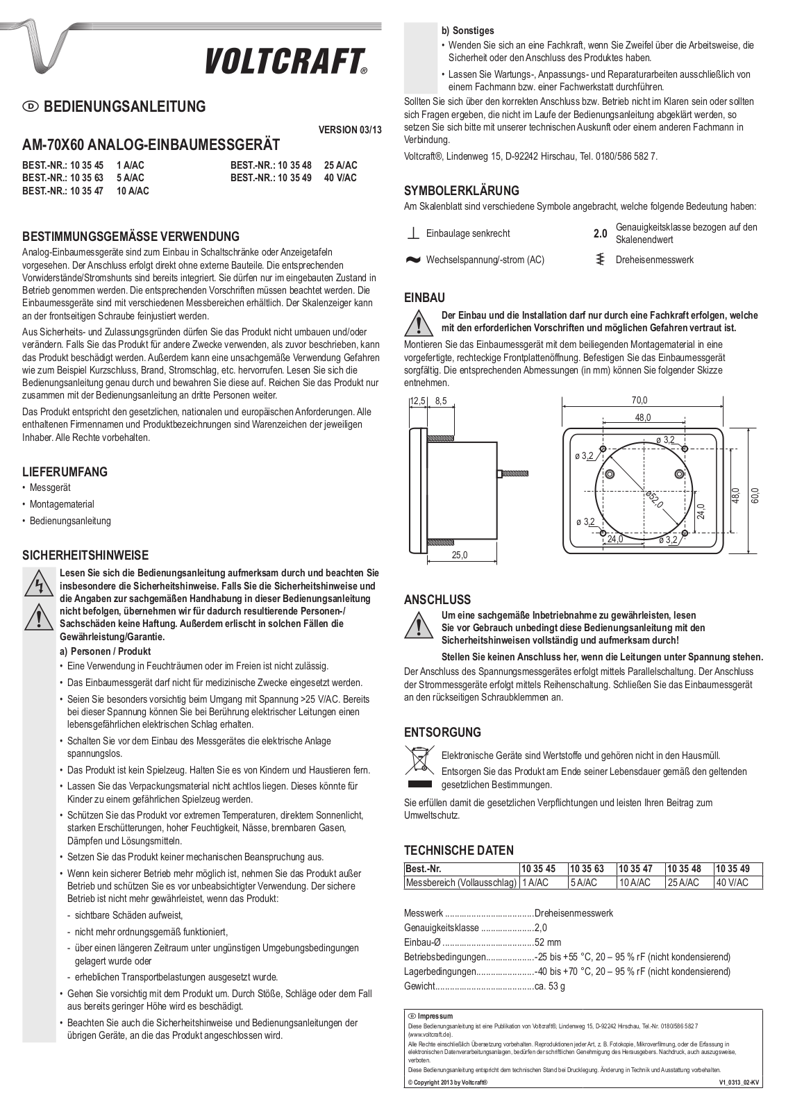 VOLTCRAFT AM-70X60/10A User guide