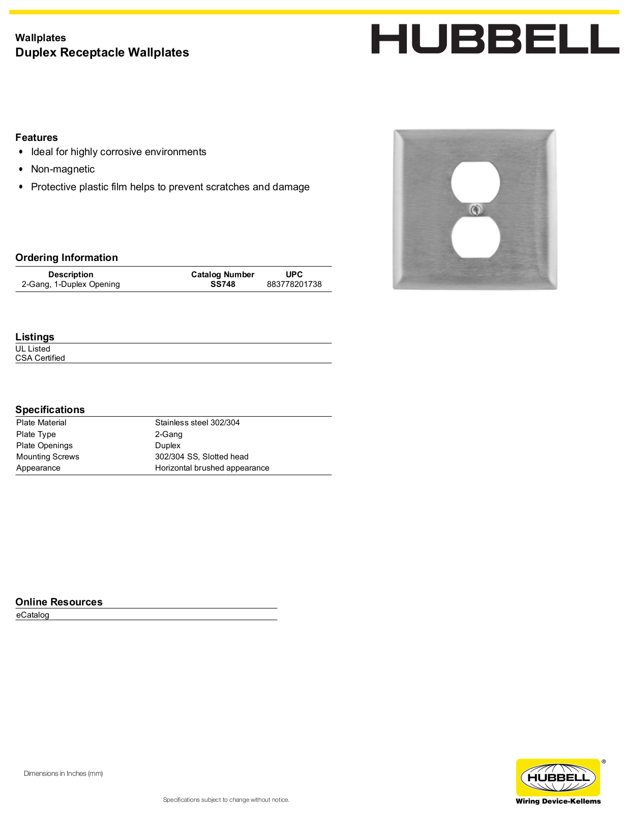 Hubbell SS748 Specifications