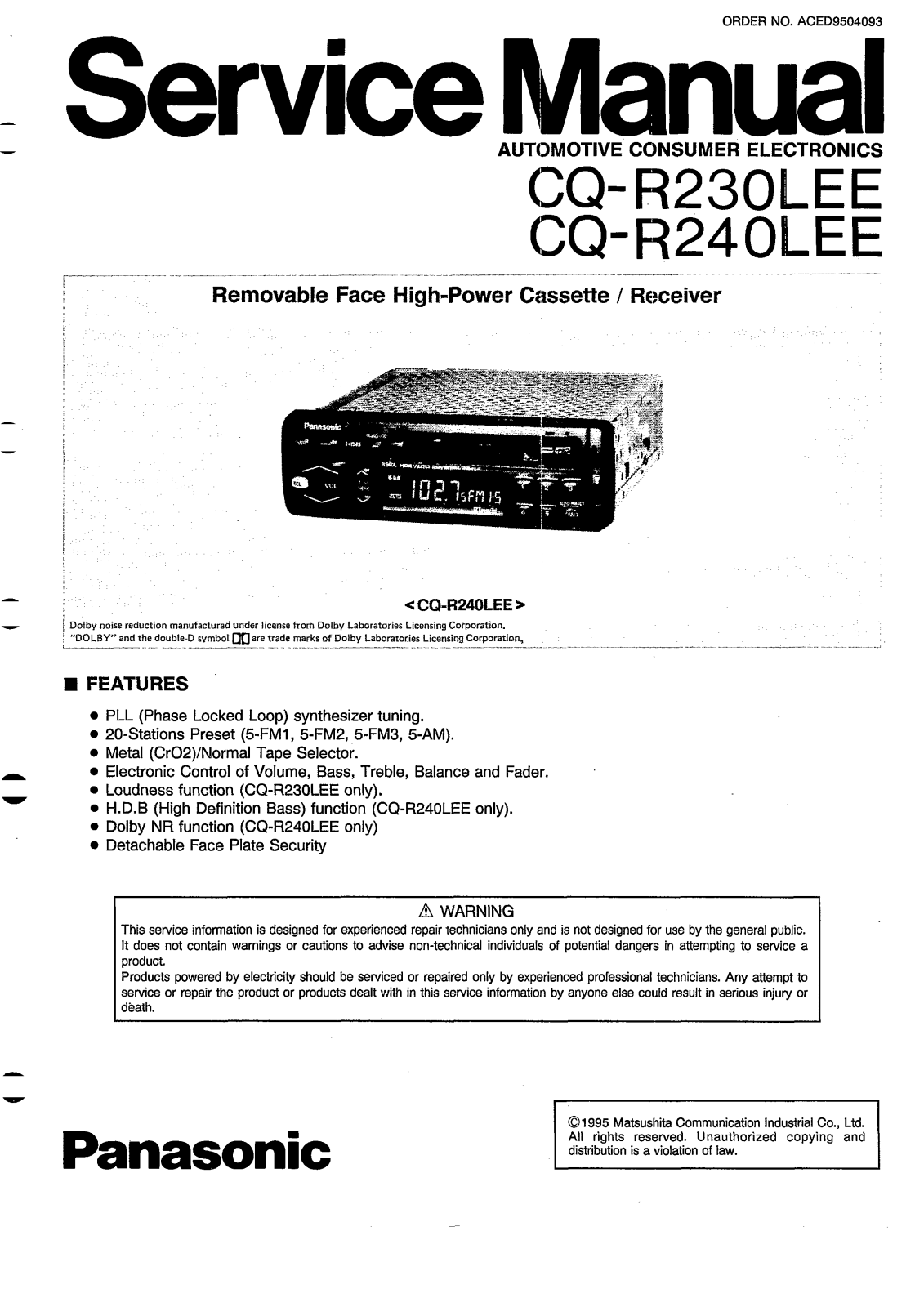 Panasonic CQR-230-LEE, CQR-240-LEE Service manual