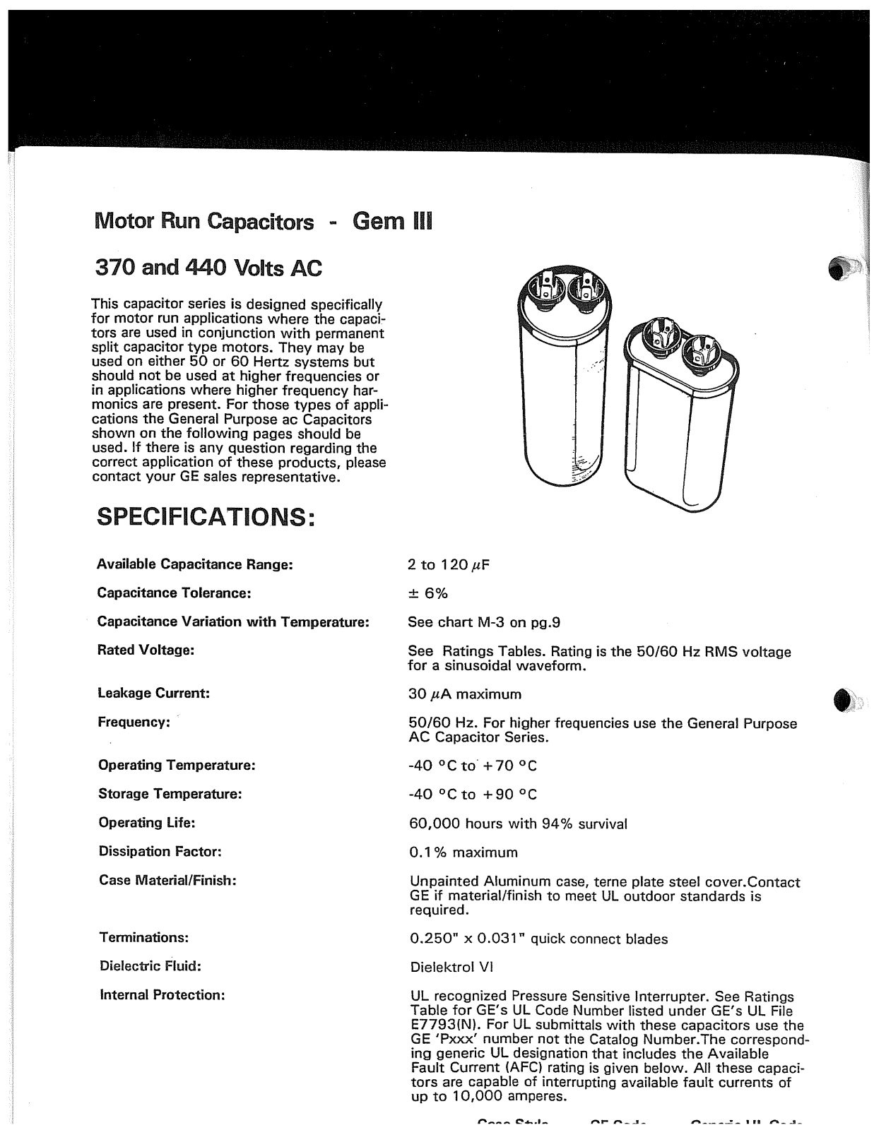 GE Capacitor Motor Run Capacitors Catalog Page