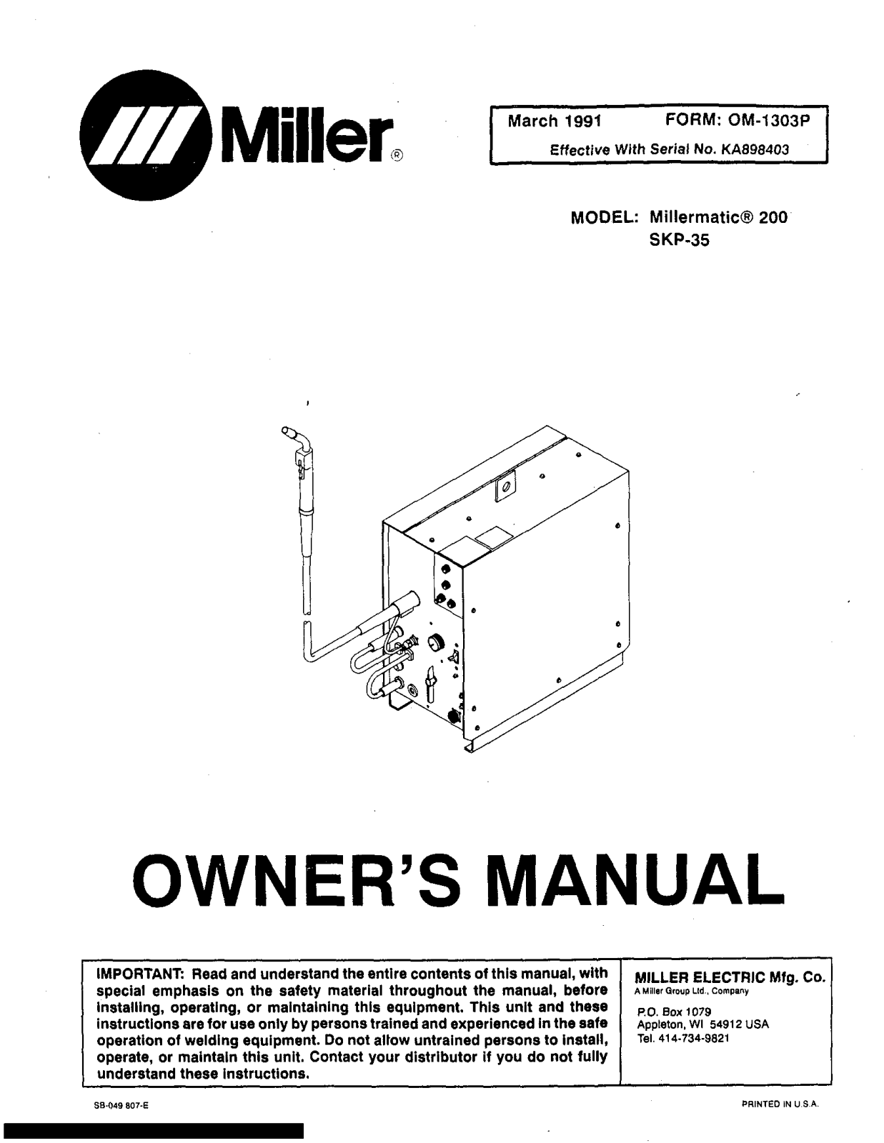 Miller Electric Millermatic 200 SKP-34 Owner's Manual