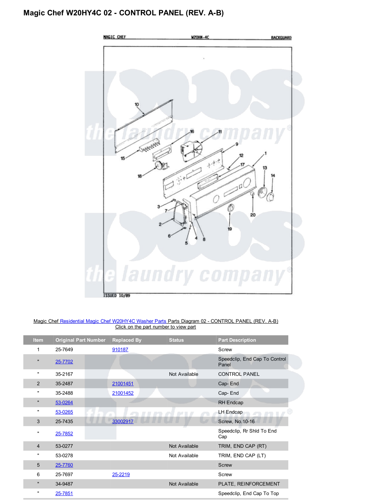 Magic Chef W20HY4C Parts Diagram