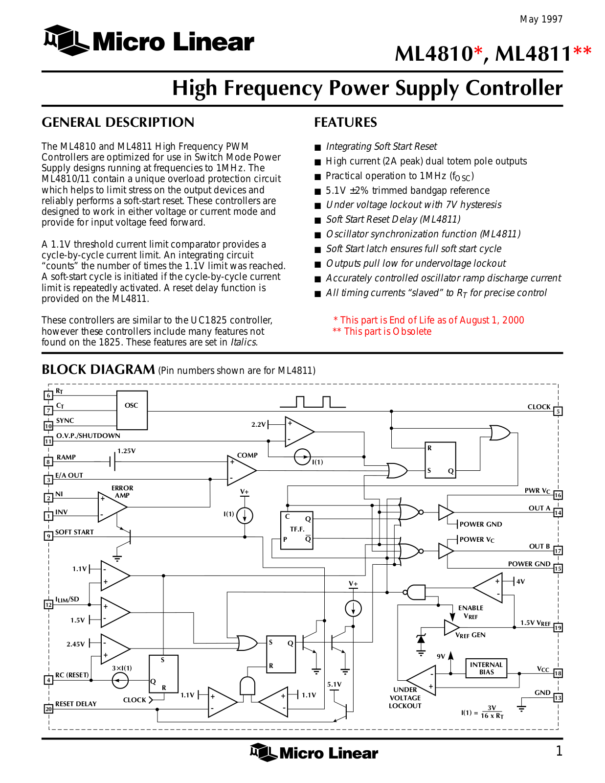 Micro Linear Corporation ML4811CP, ML4810CP, ML4810CS, ML4811CS Datasheet