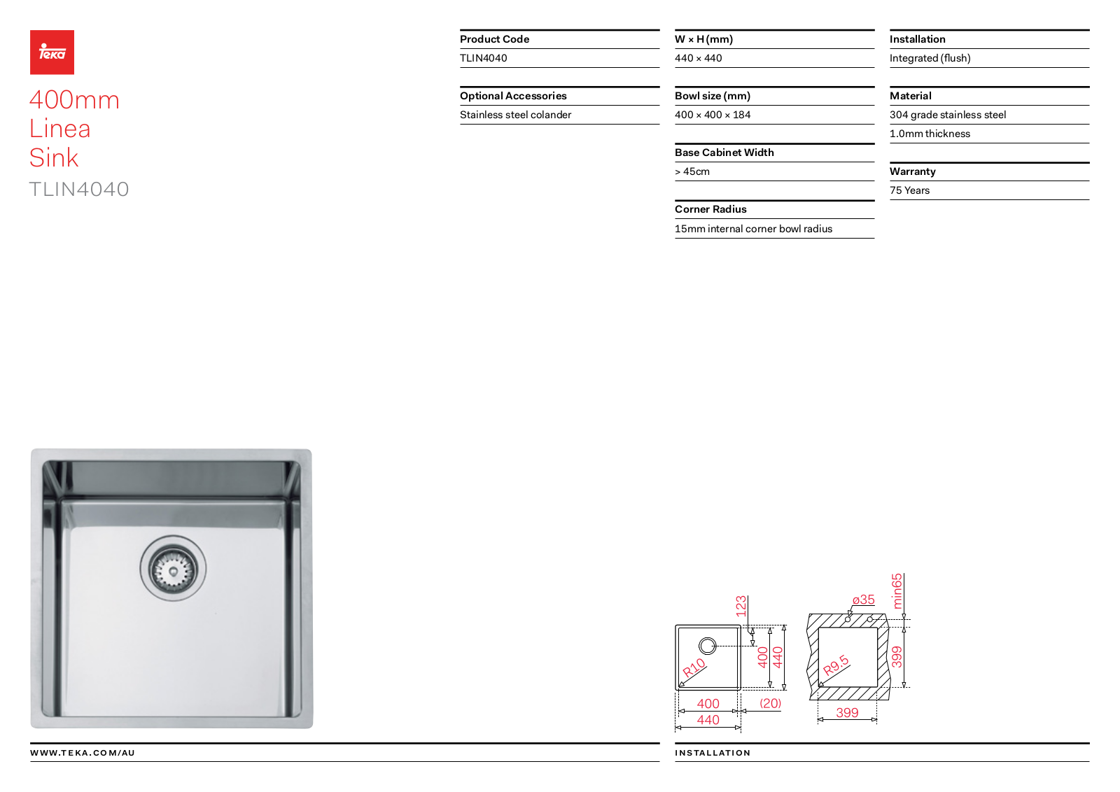 Teka TLIN4040 Specifications Sheet