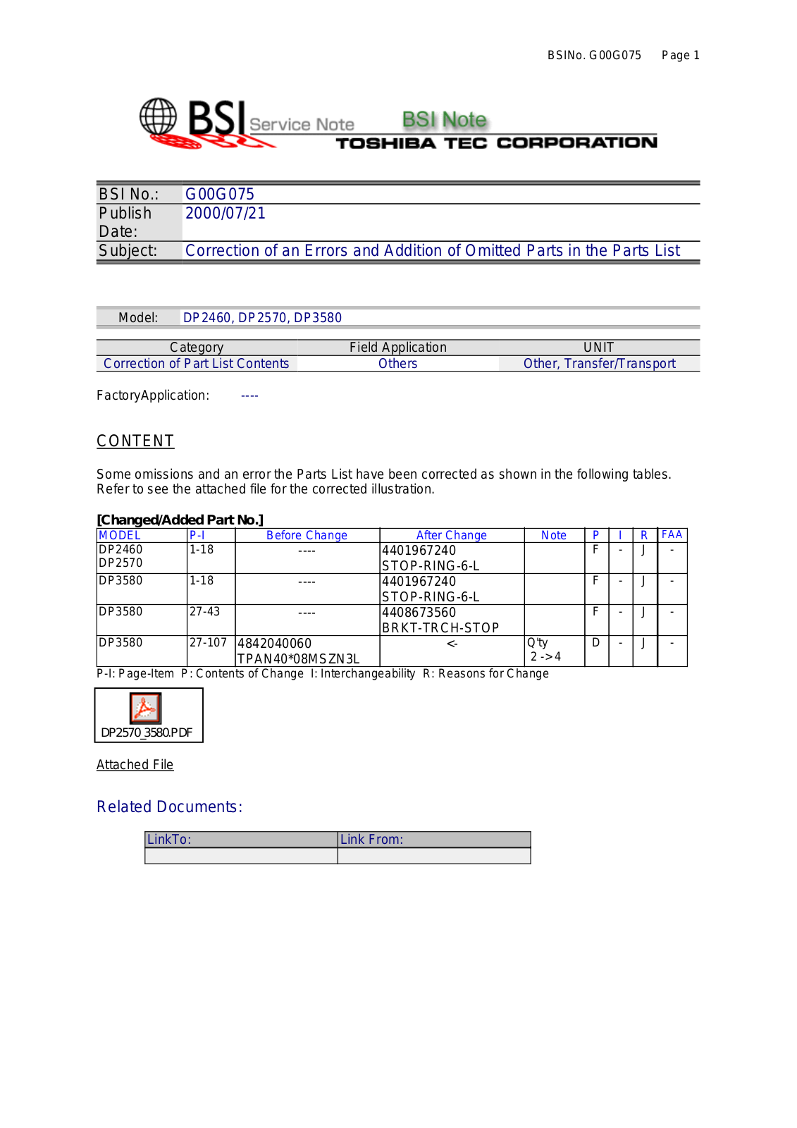 Toshiba G00G075 Service Note