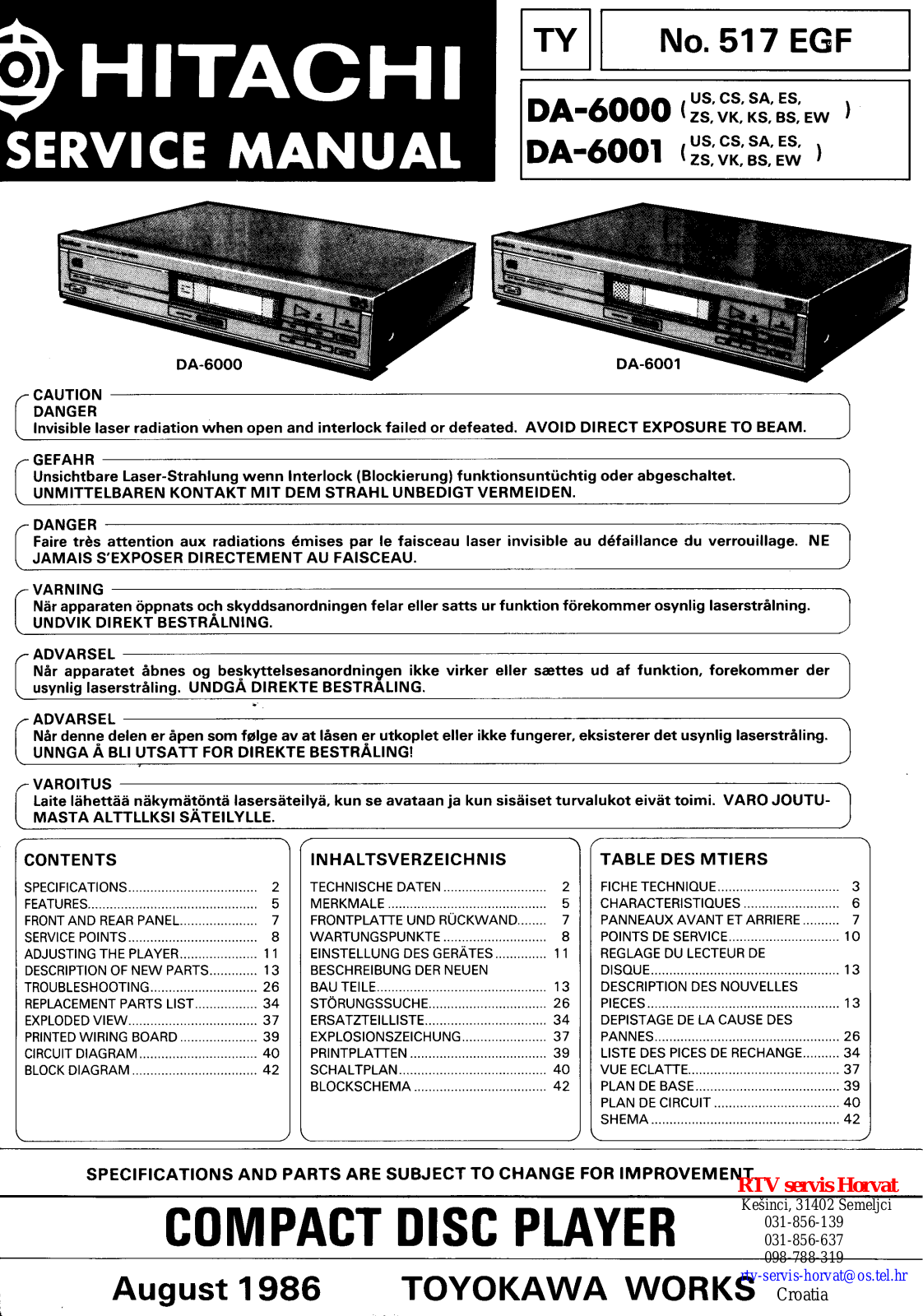 Hitachi DA-6000, DA-6001 Service manual