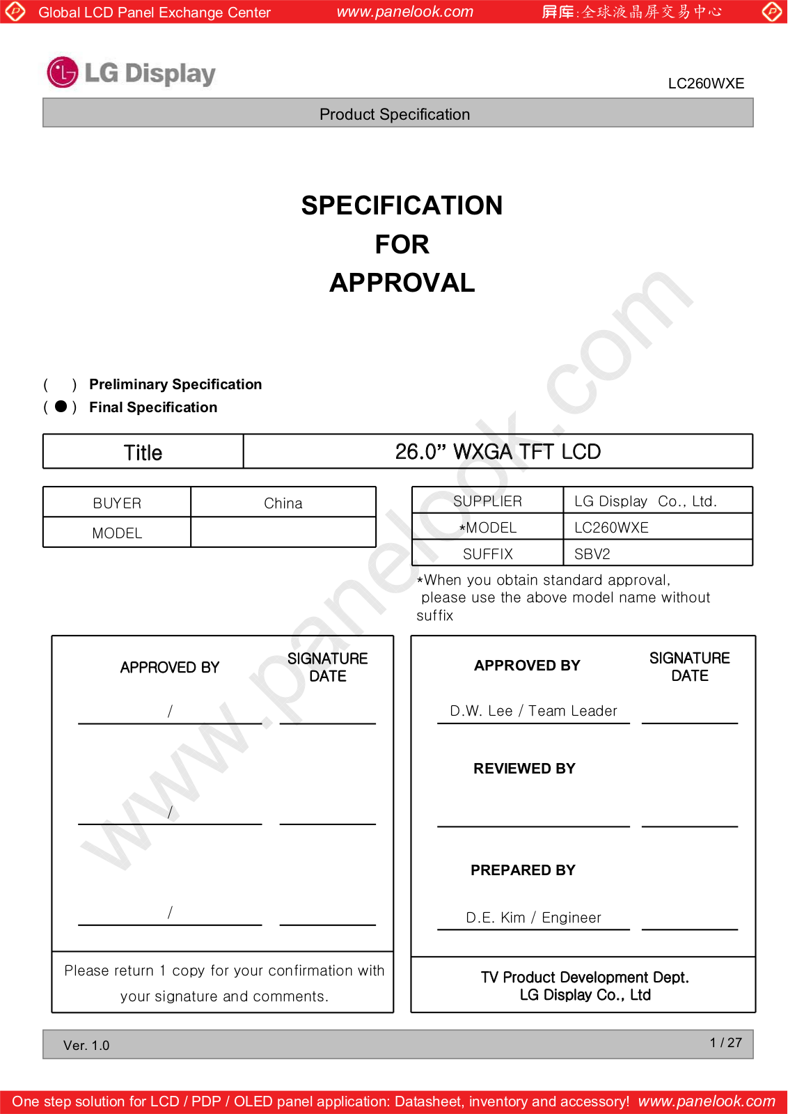 LG Display LC260WXE-SBV2 Specification