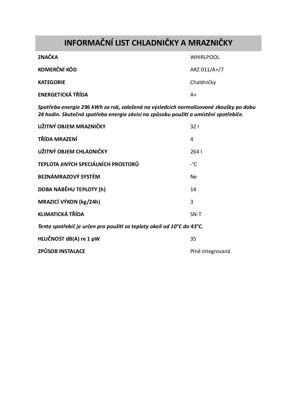 Whirlpool ARZ 011-A-7 User Manual