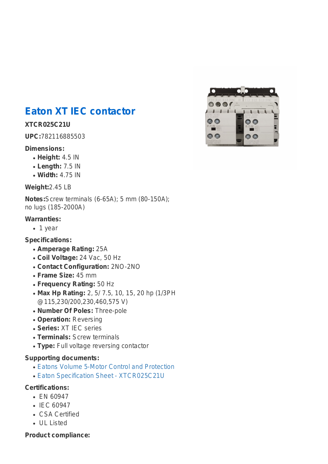 Cutler Hammer, Div of Eaton Corp XTCR025C21U Data Sheet