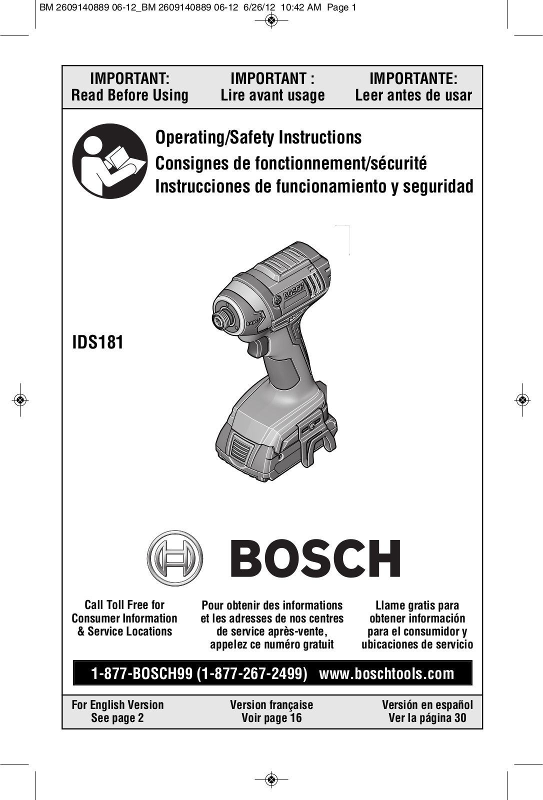 Bosch Power Tools IDS181-02, IDS181-01, IDS181BL, IDS181-102, CLPK25-180 User Manual