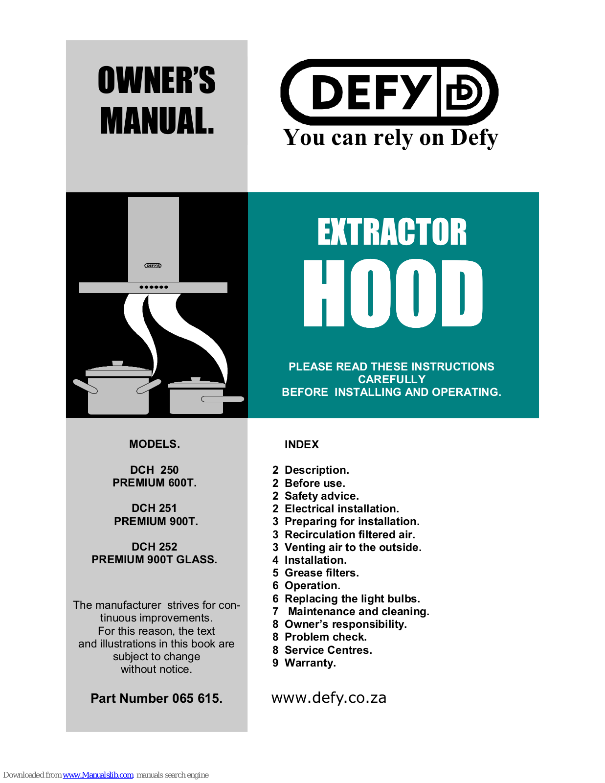 Defy DCH 250 Premium 600T, DCH 252 Premium 900T Glass Owner's Manual