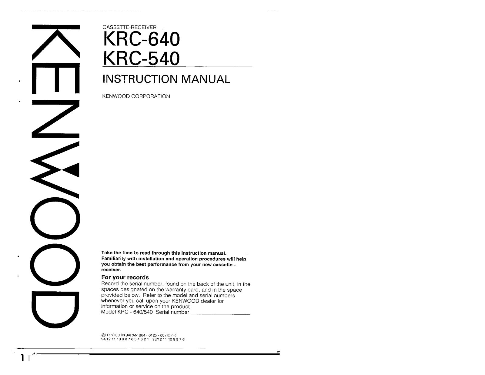 Kenwood KRC-640, KRC-540 Owner's Manual