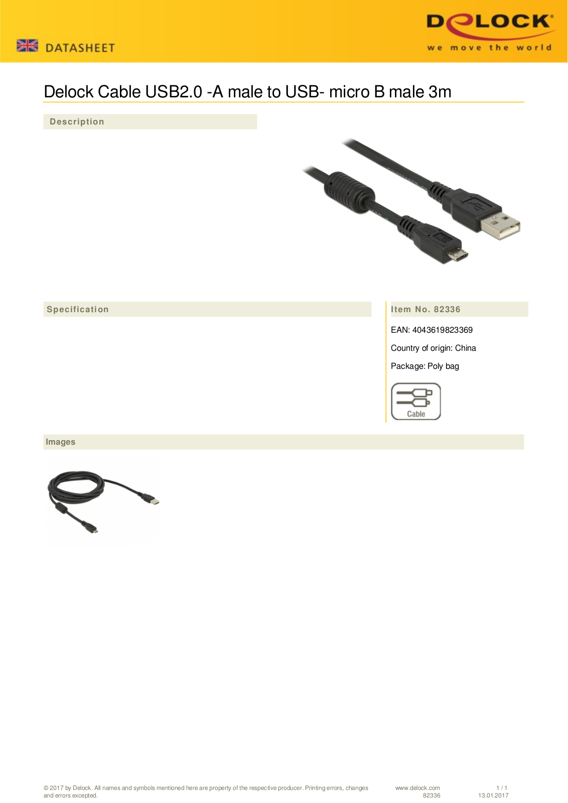 DeLOCK USB-A 2.0 to USB 2.0 micro-B adapter cable, 3m User Manual