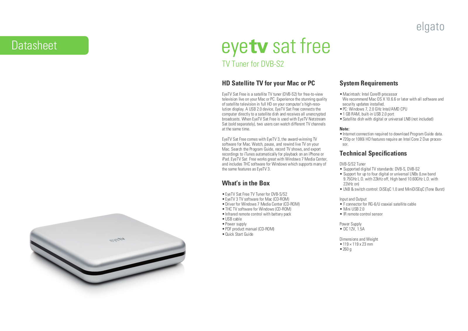 Elgato EYETV SAT FREE Datasheet