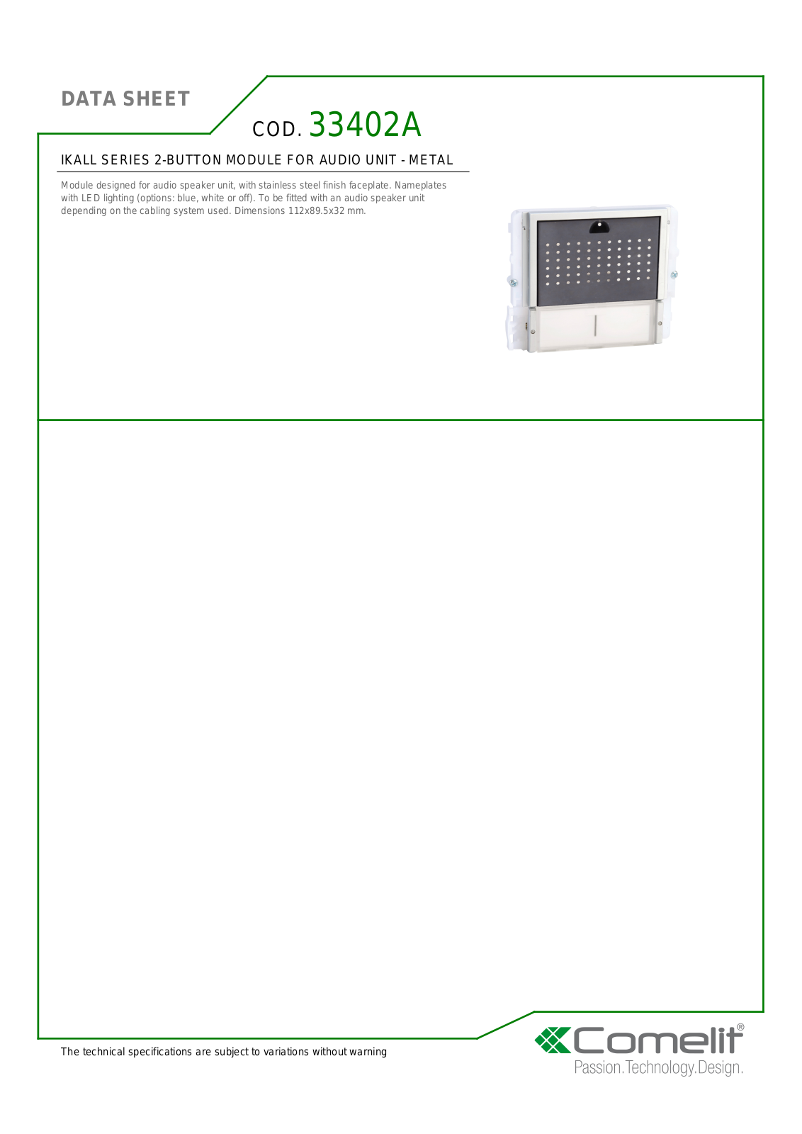 Comelit 33402A Specsheet