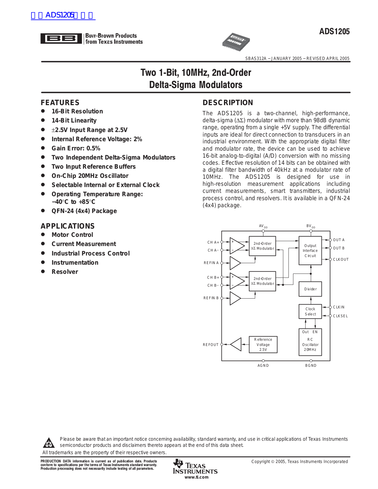 TEXAS INSTRUMENTS ADS1205 Technical data