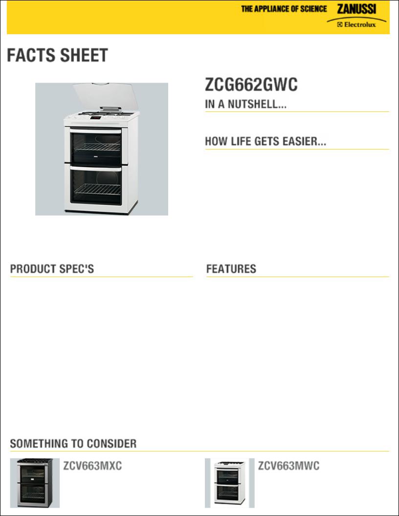 Zanussi ZCG662GW facts sheet