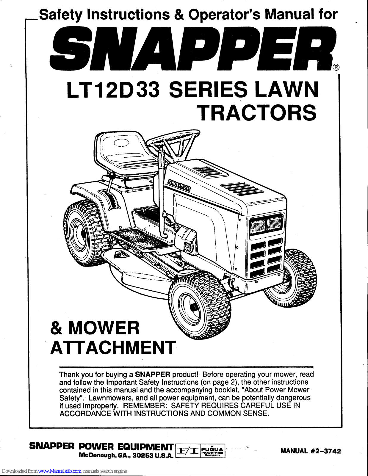 Snapper LT12D33 Series Safety Instructions & Operator's Manual