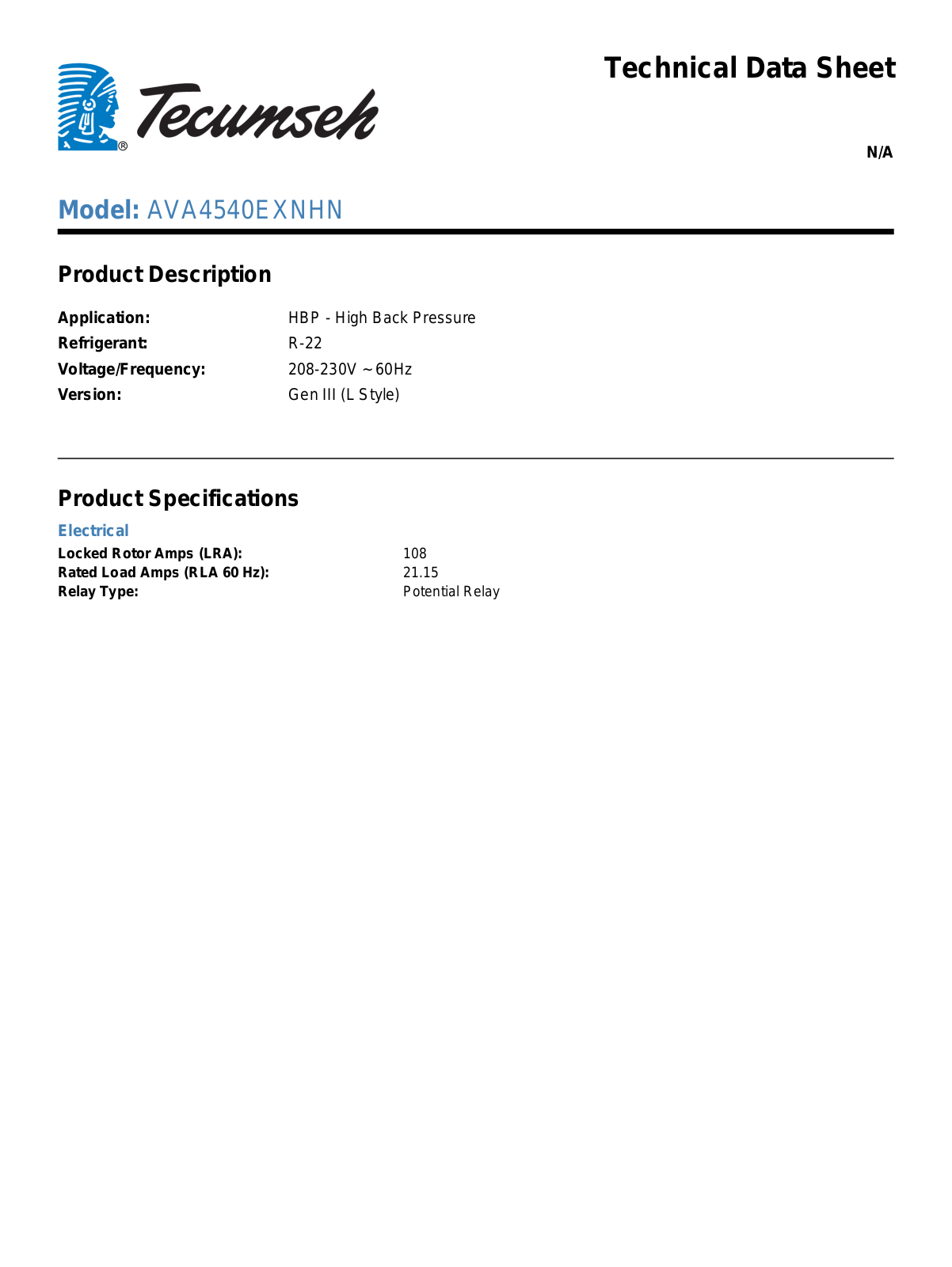 Tecumseh AVA4540EXNHN Technical Data Sheet