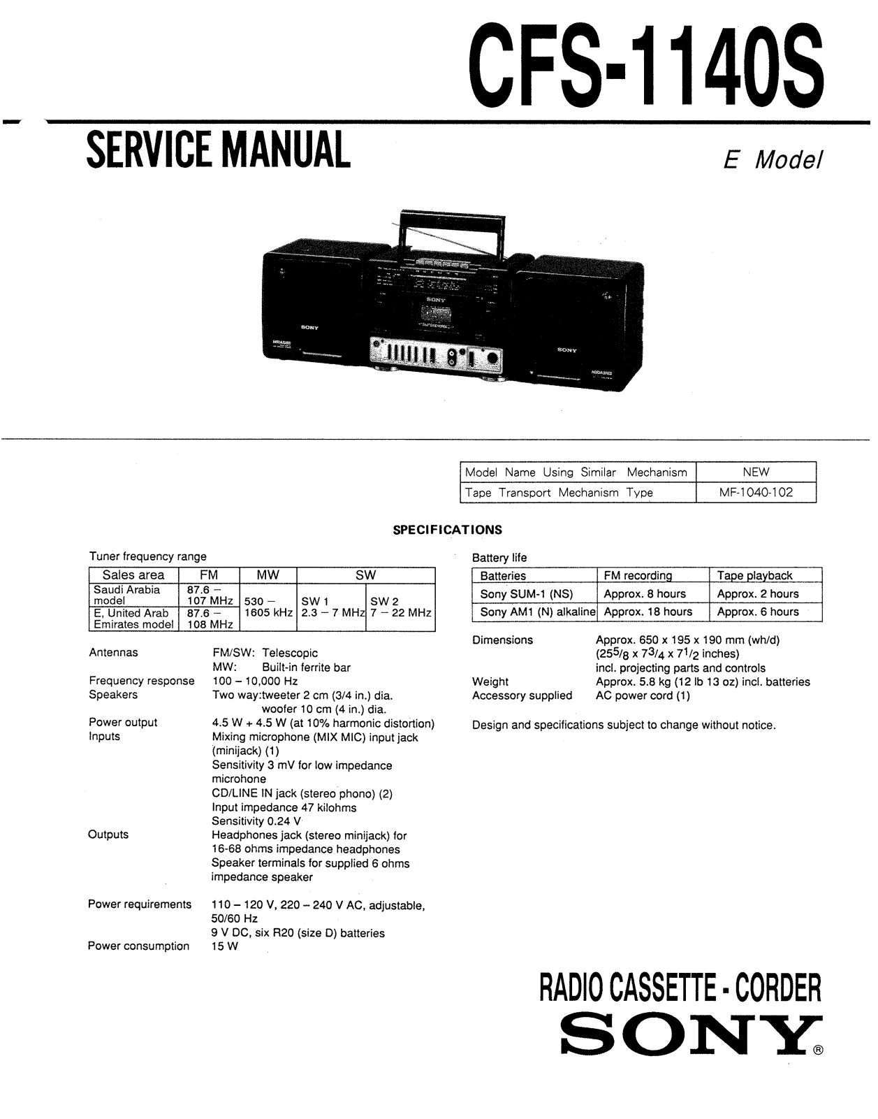 Sony CFS-1140-S Service manual
