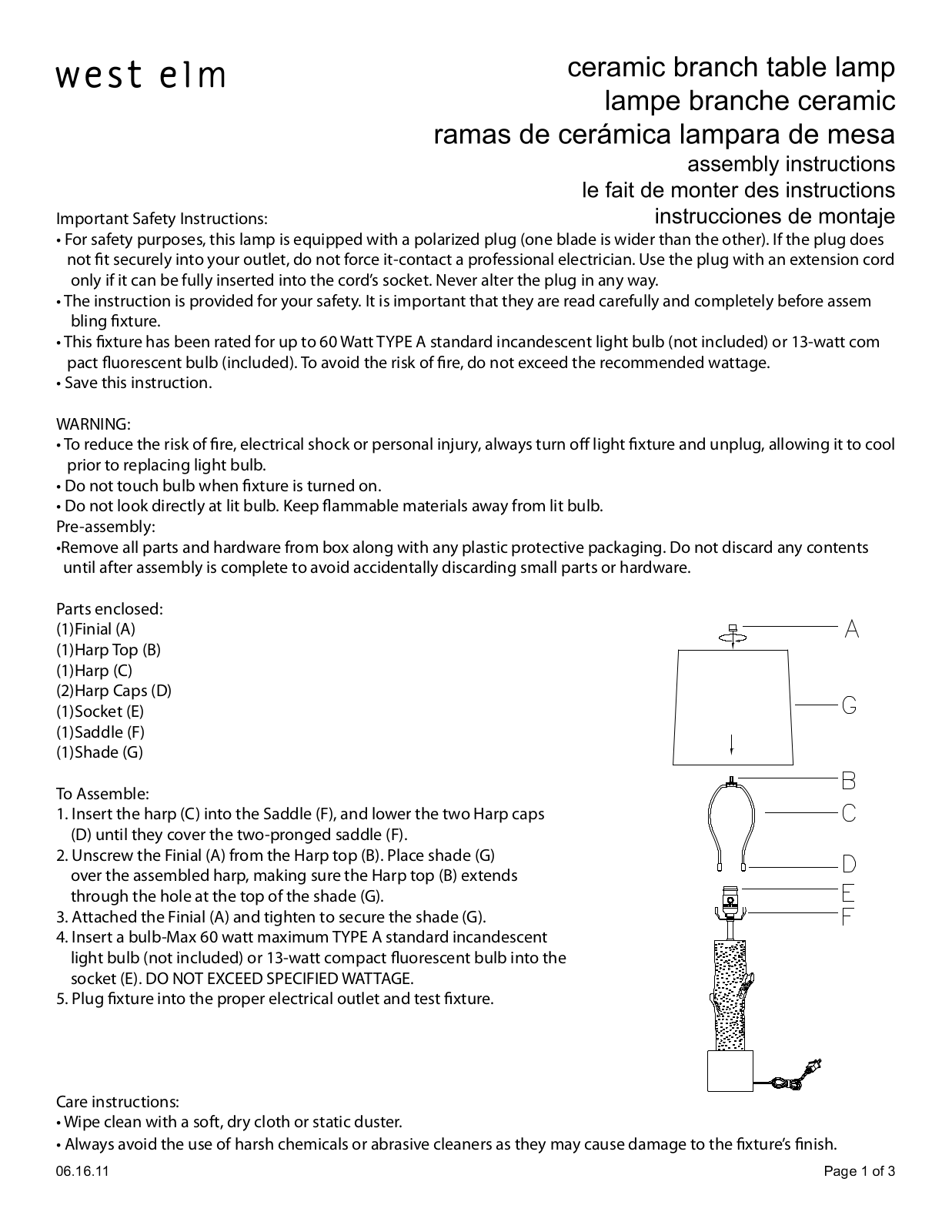 West Elm Ceramic Branch Table Lamp Assembly Instruction