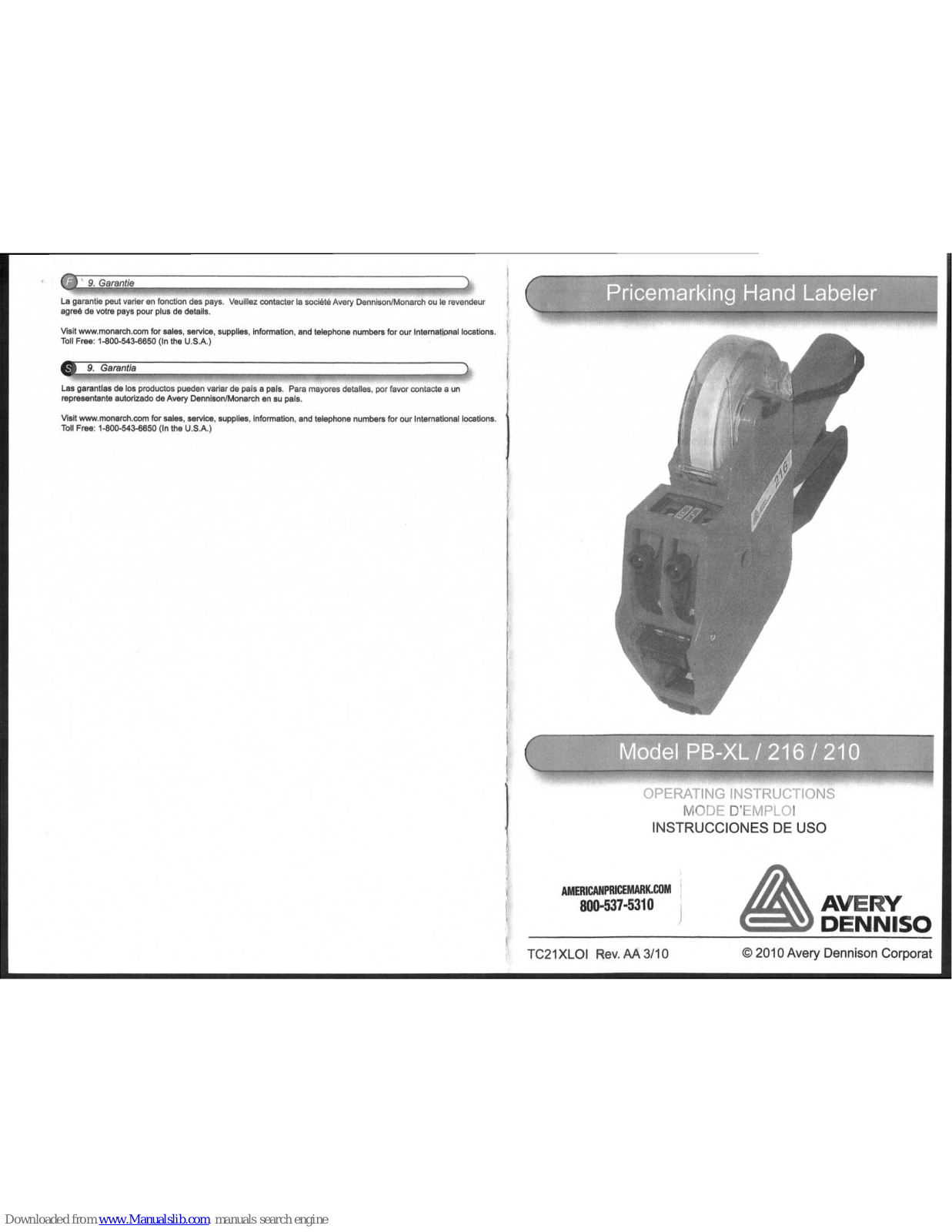Avery Dennison PB-XL, 216, 210 Operating Instructions Manual - ManualMachine.com