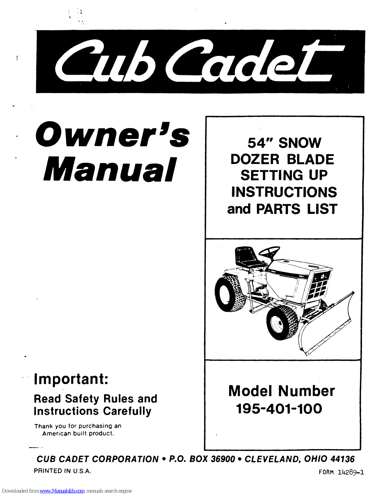 Cub Cadet 54'' Snow Dozer Blade, 195-401-100 Owner's Manual