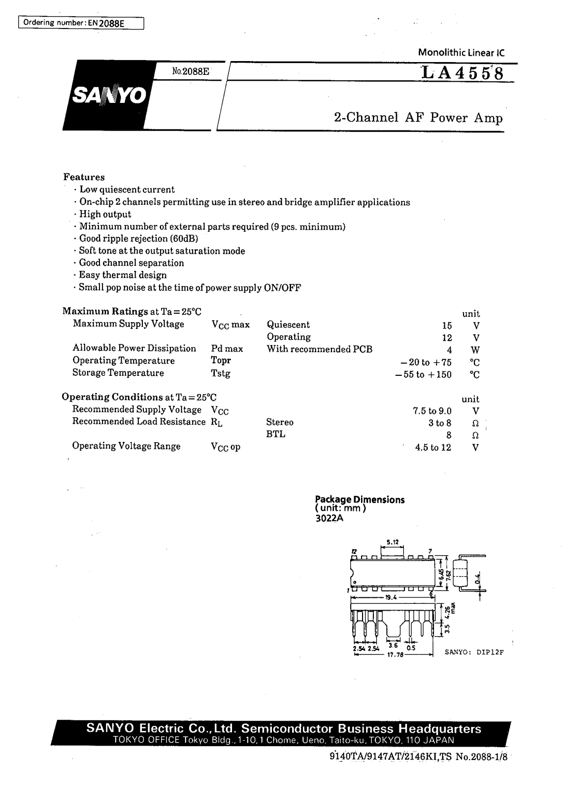 SANYO LA4558 Datasheet