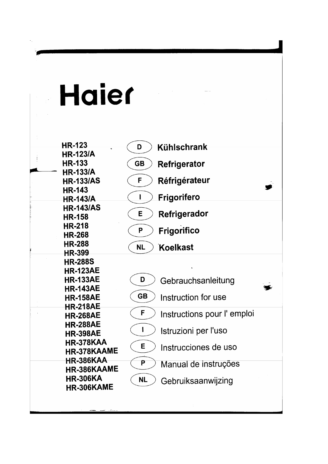 Haier HR-288AE, HR-158, HR SERIES, HR-288, HR-398AE User Manual