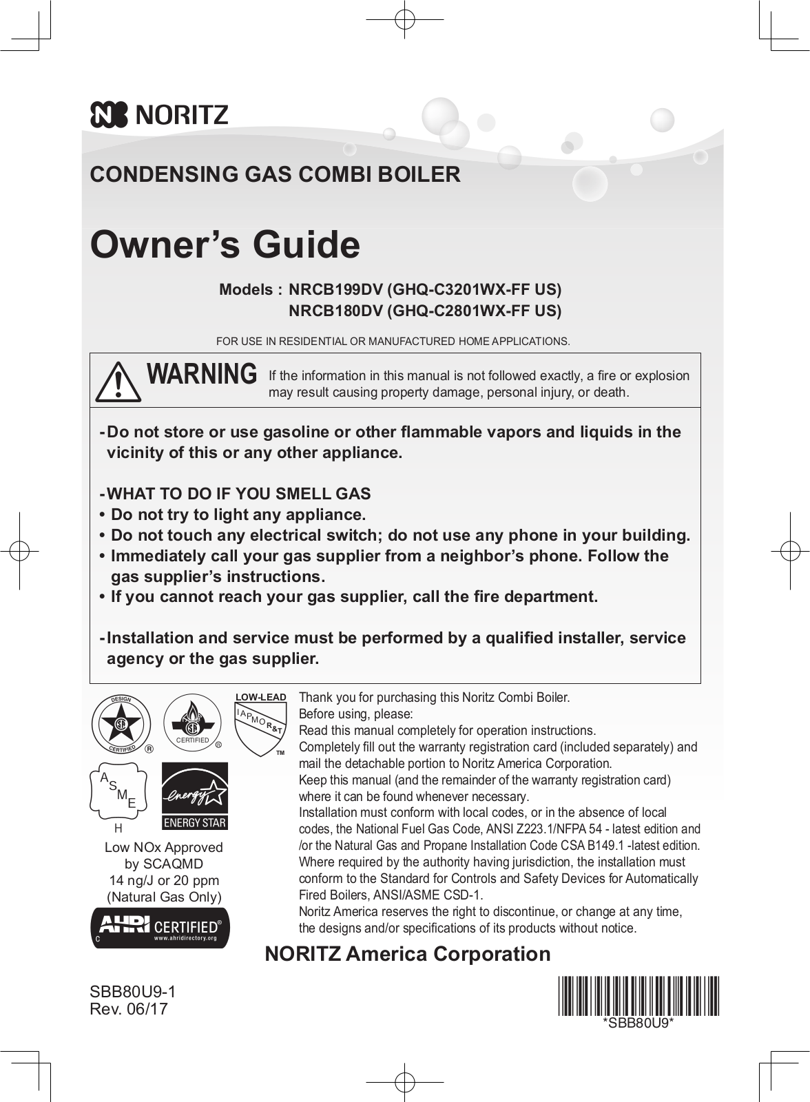 Noritz NRCB180DV, NRCB199DV User Manual