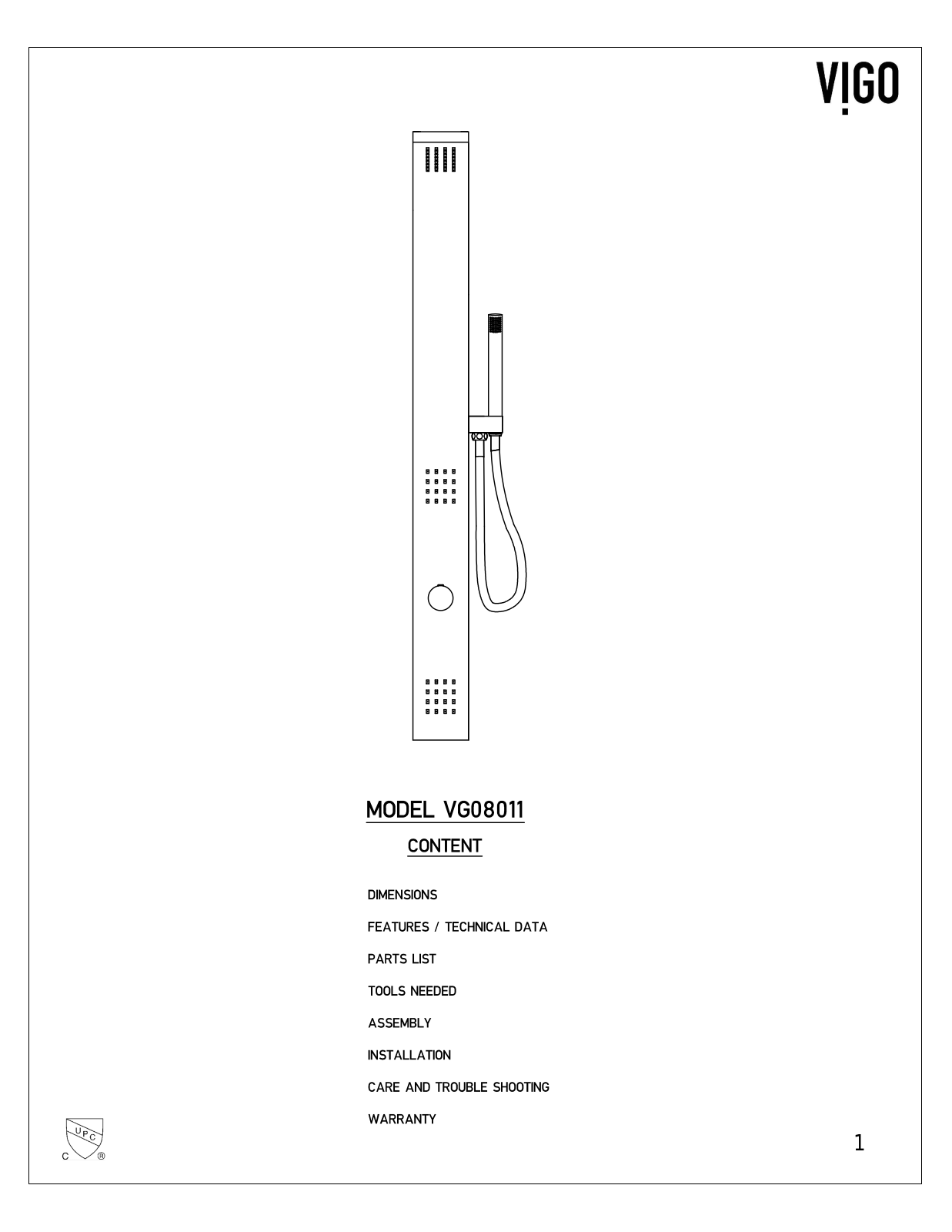 Vigo VG08011 Specifications