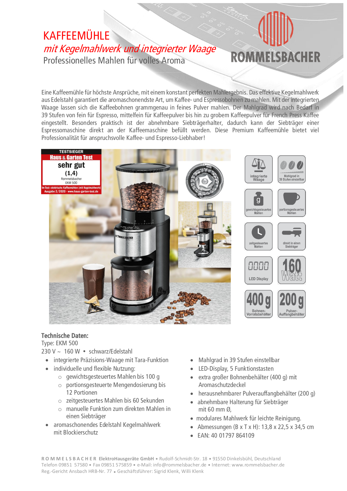 Rommelsbacher EKM 500 Technical data