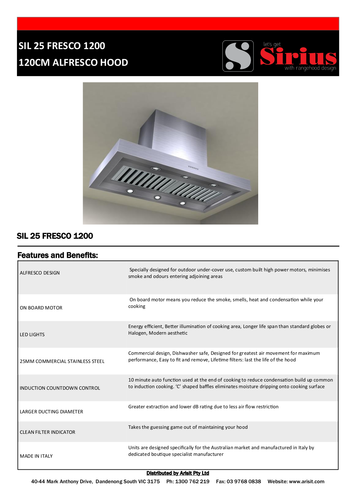 Sirius SIL25FRESCO1200 Specifications Sheet