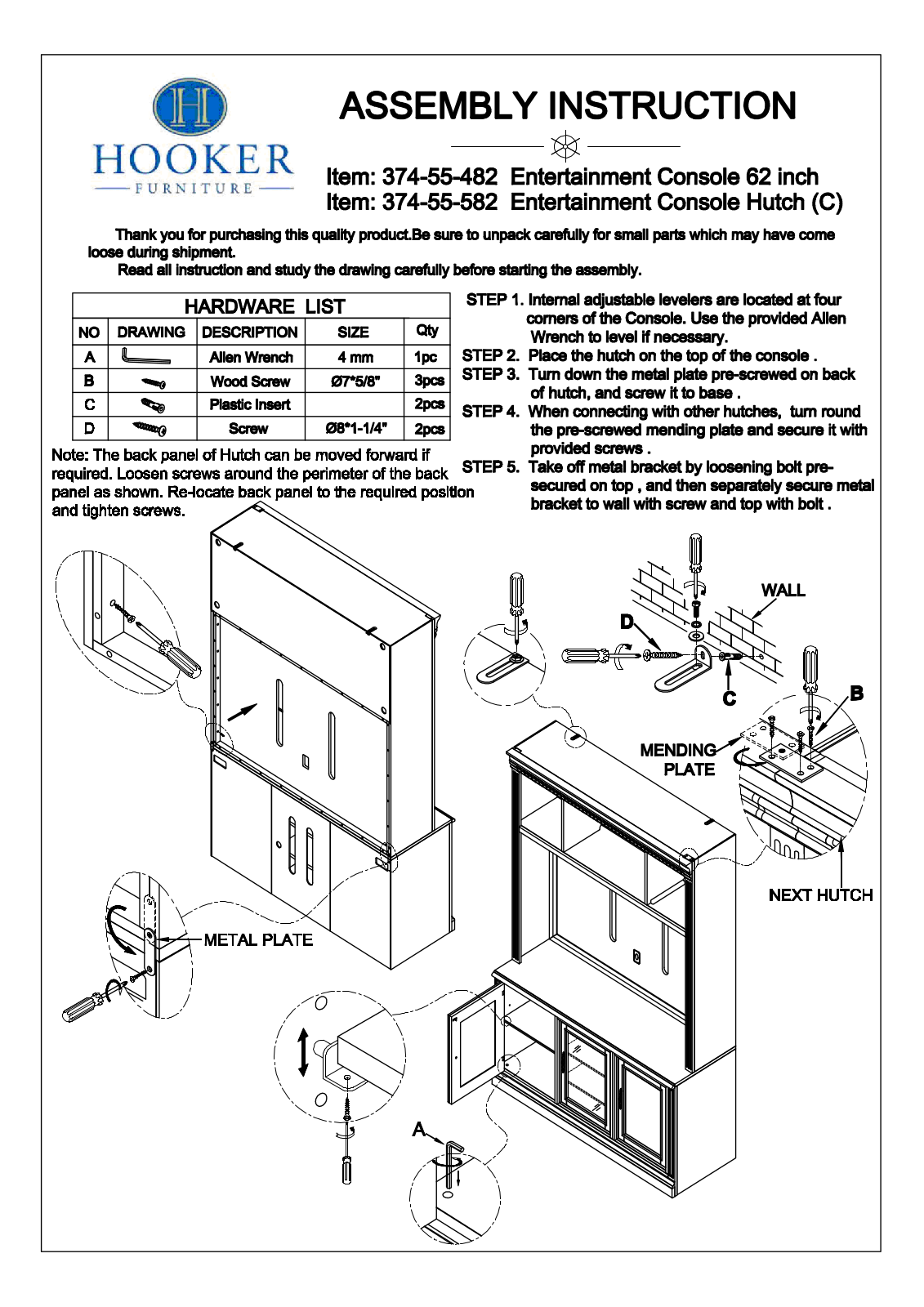 Hooker 374-55-582, 374-55-482 Assembly Instructions