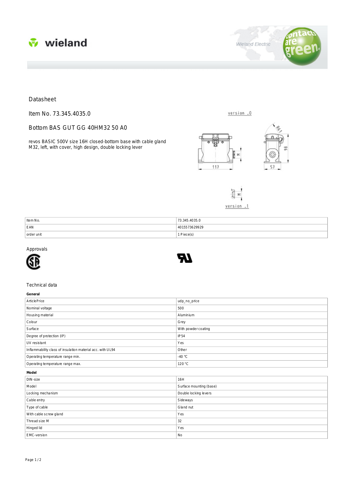 Wieland 73.345.4035.0 Data Sheet