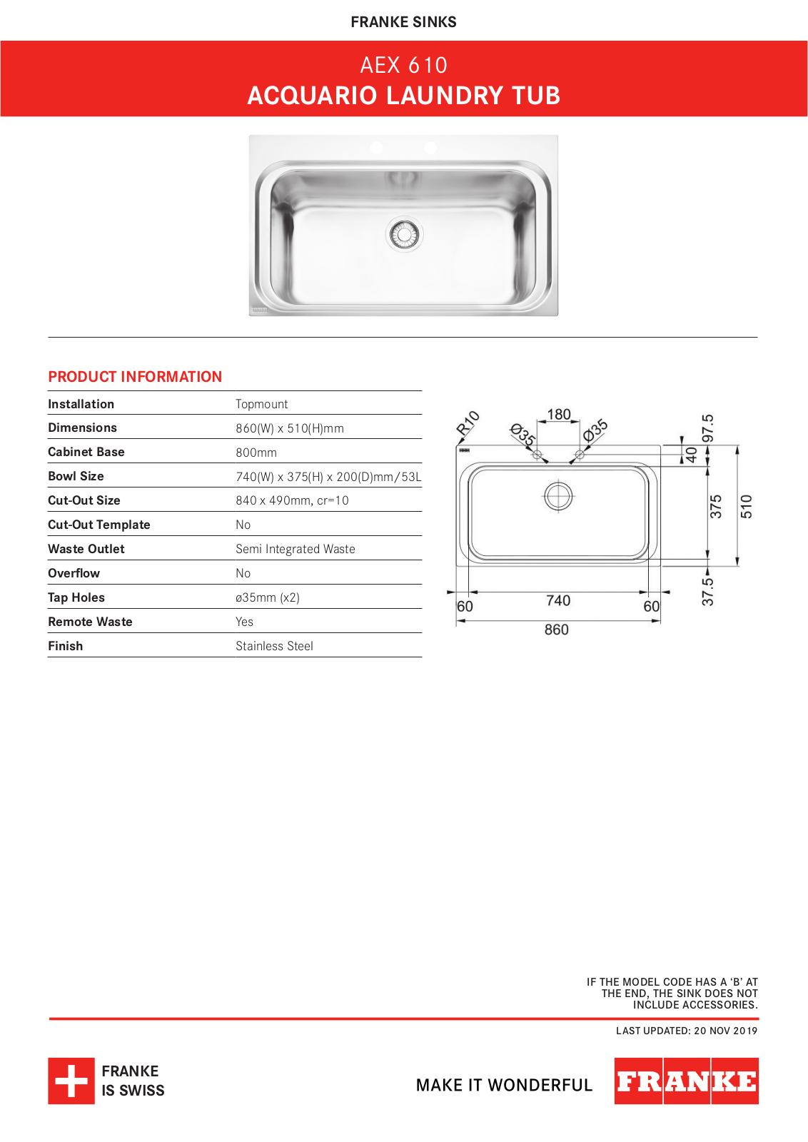 Franke AEX610 Specifications Sheet