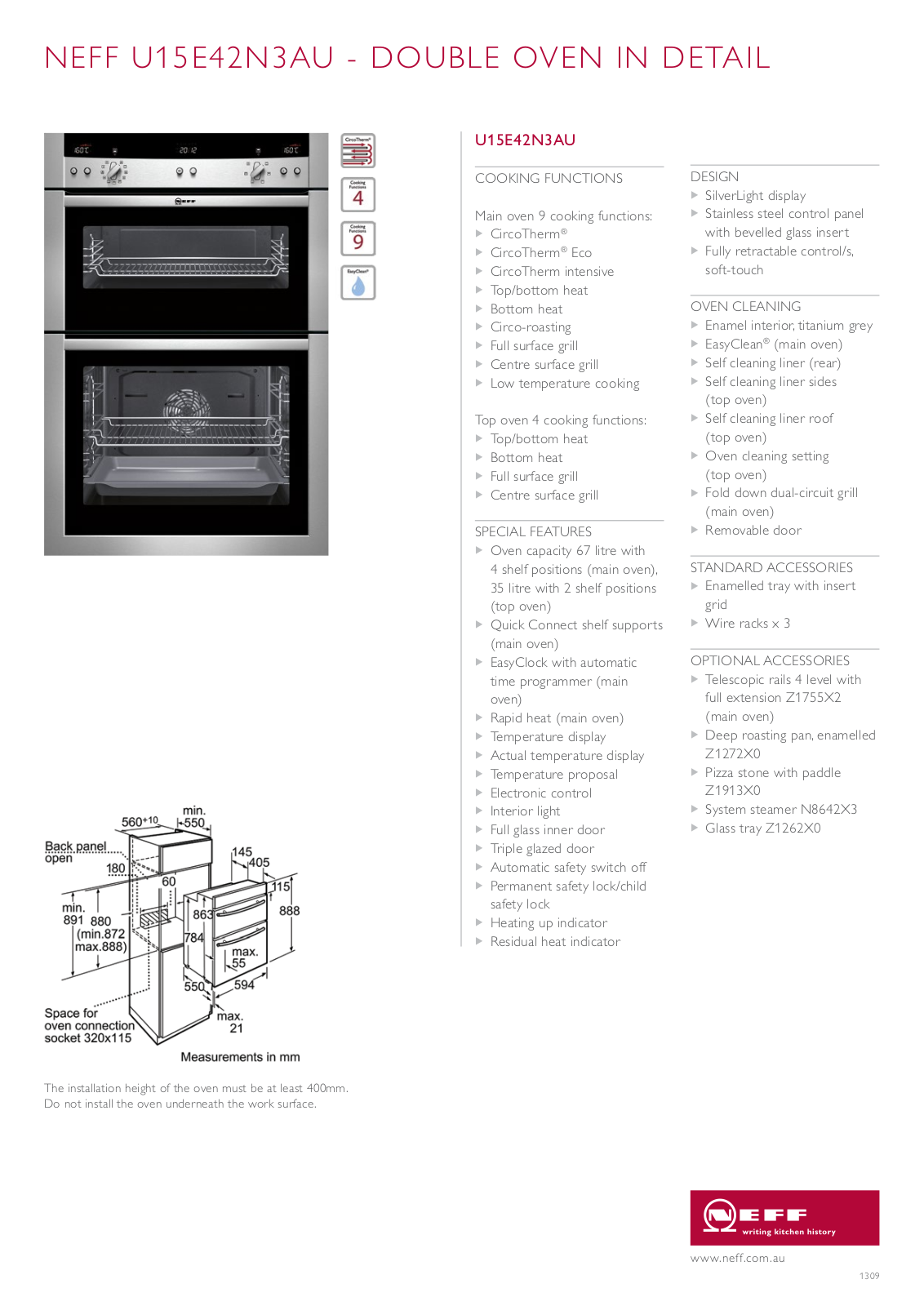 NEFF U15E42N3AU Specifications Sheet