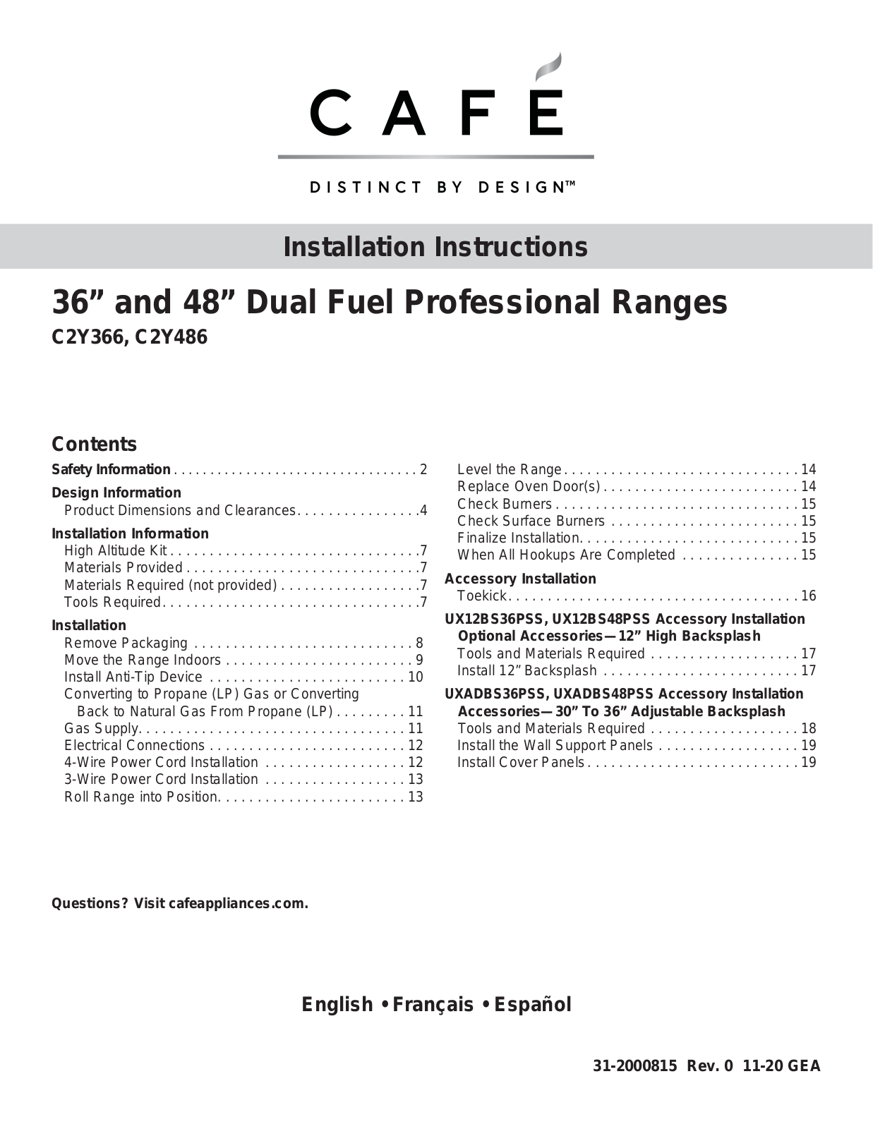 GE C2Y486P2TS1, C2Y486P4TW2, C2Y486P3TD1, C2Y366P3TD1 Installation Instructions