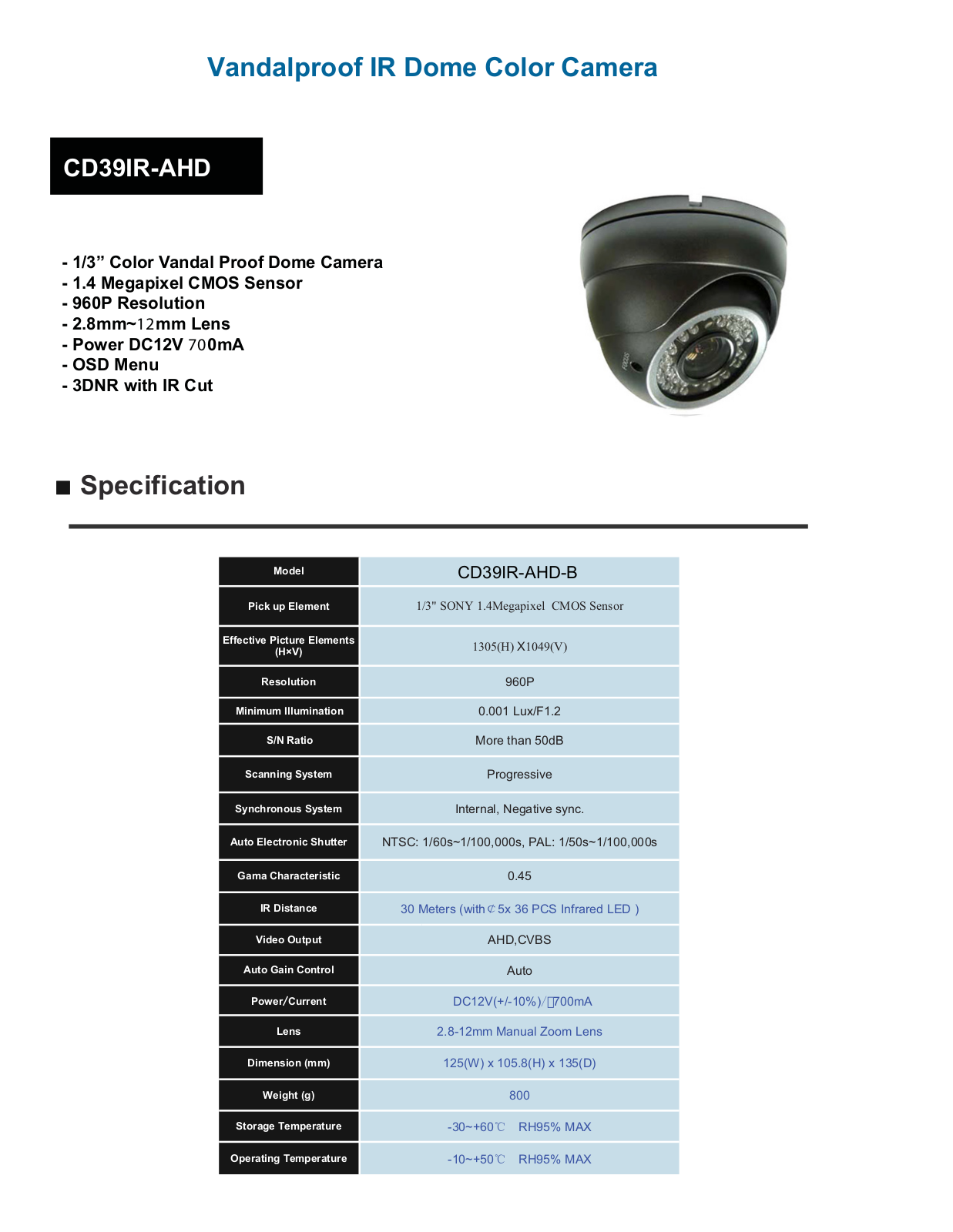 COP-USA CD39IR-AHD-B Specsheet