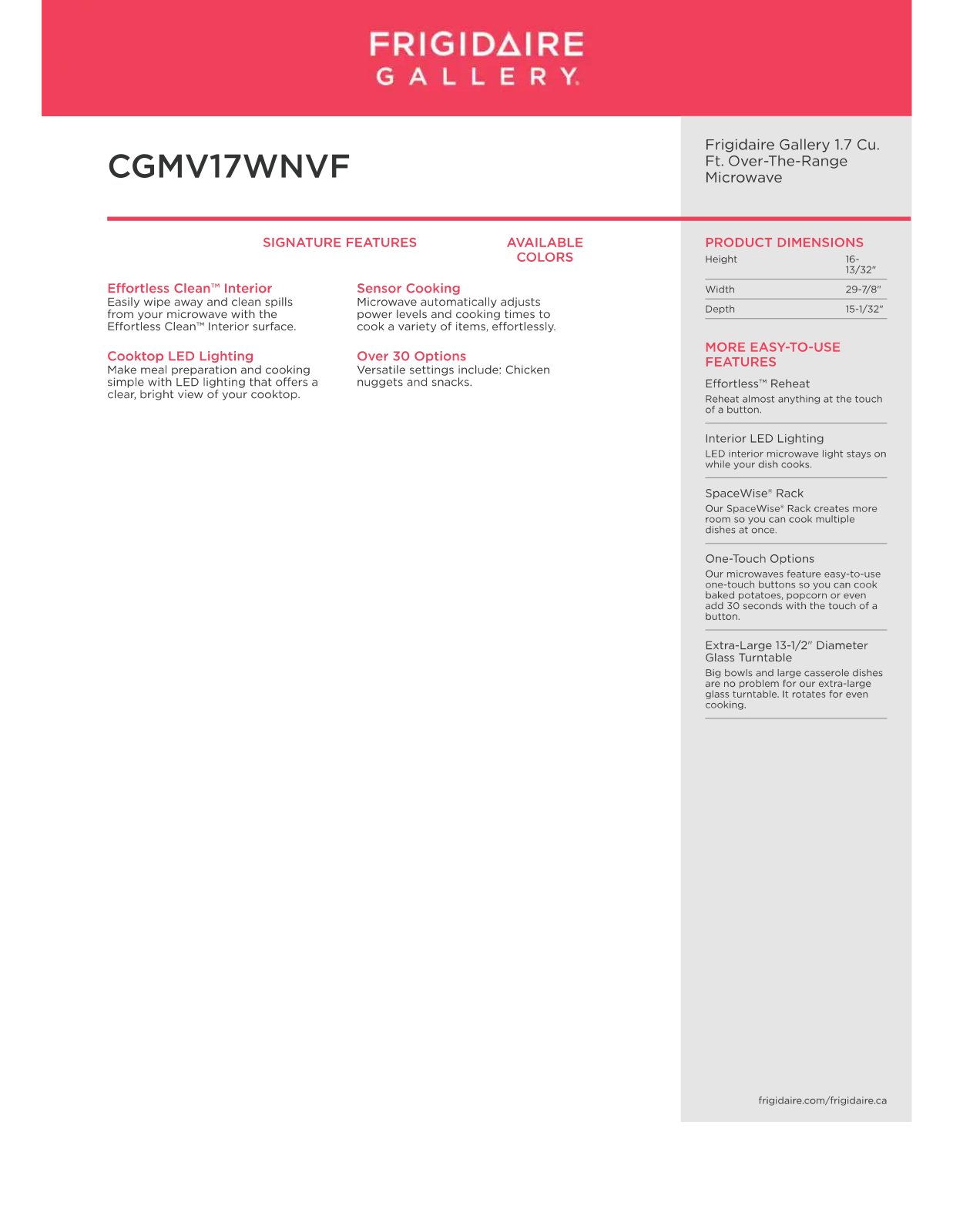 Frigidaire CGMV17WNVF PRODUCT SPECIFICATIONS
