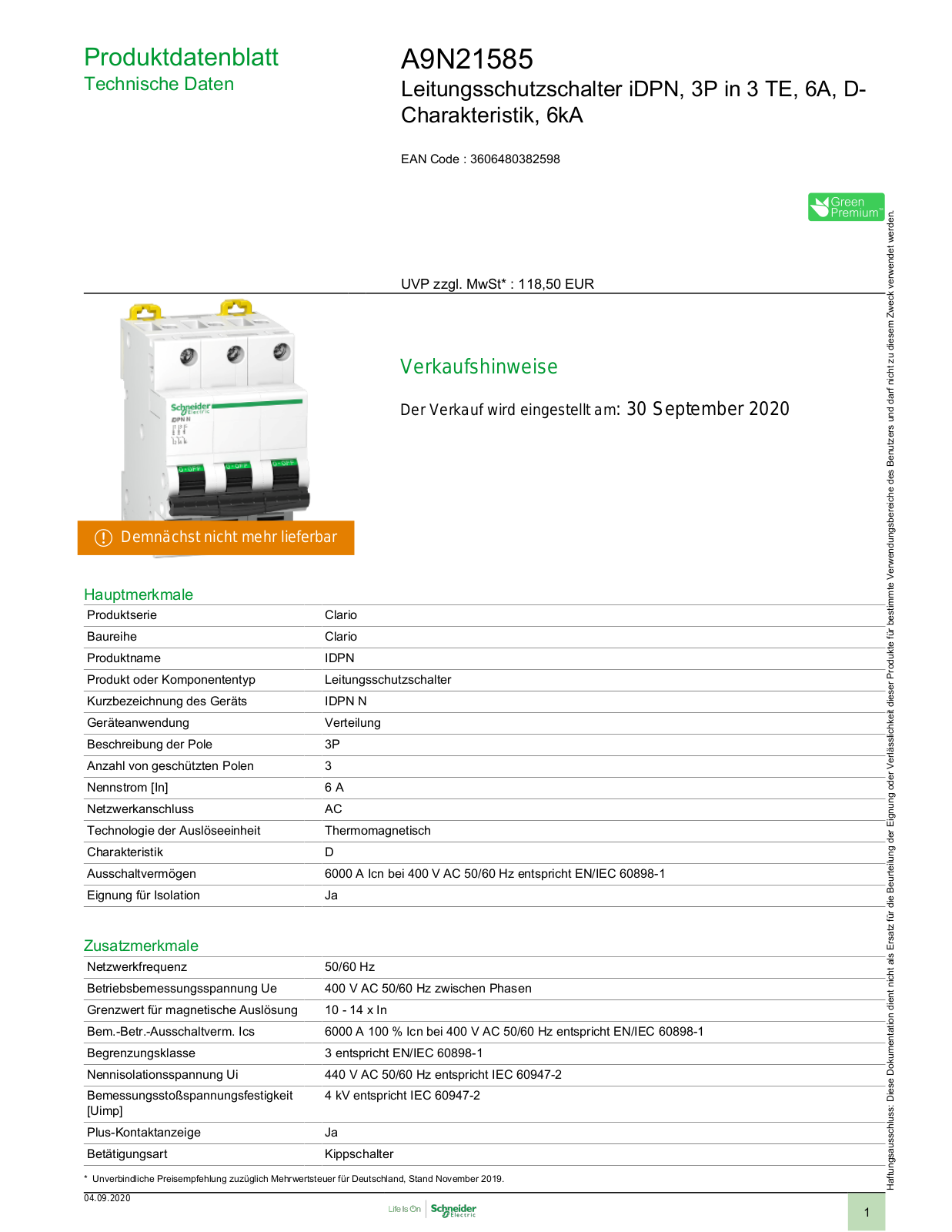 Schneider Electric A9N21585 Technische Daten