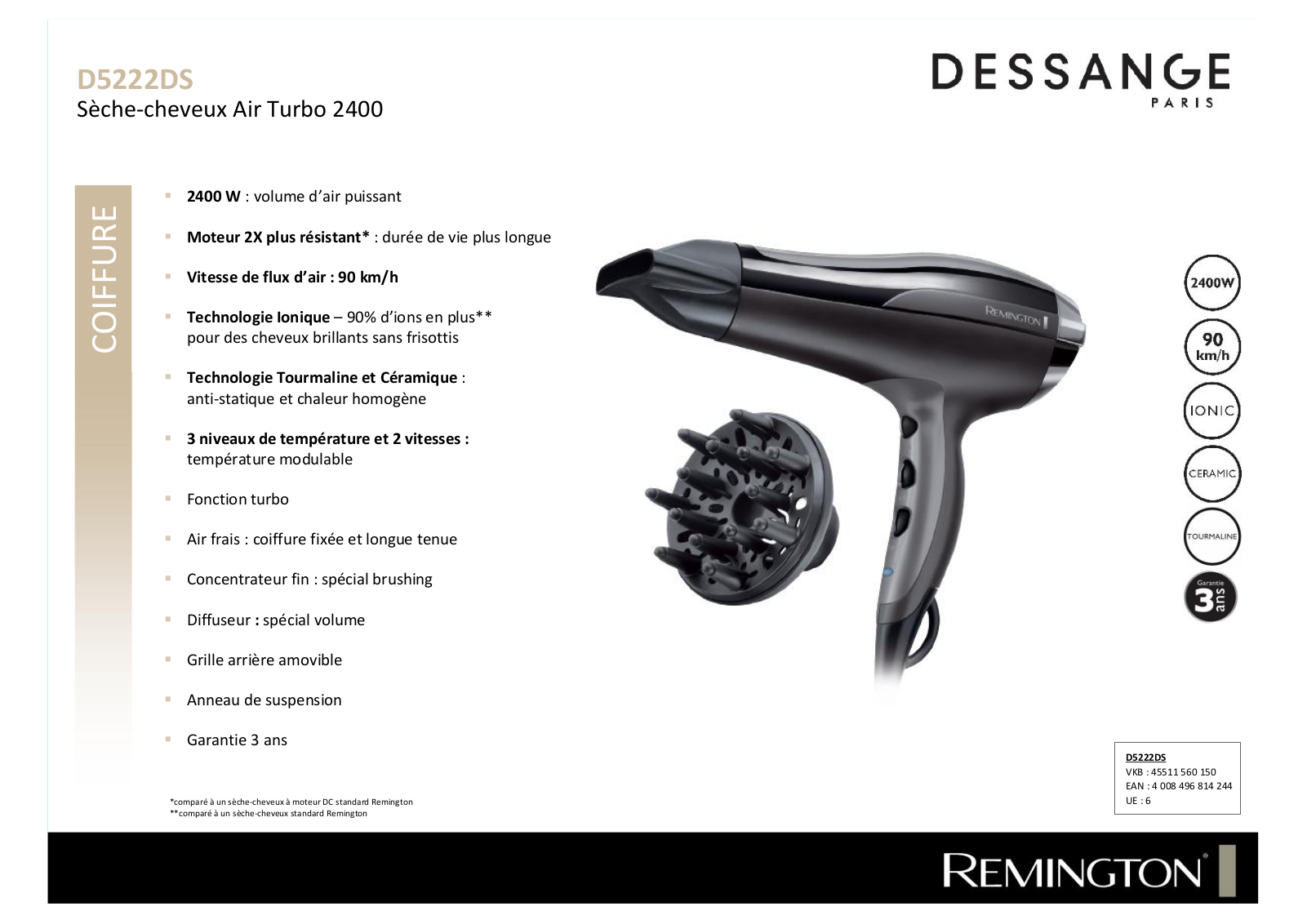 Remington D5222DS Product sheet