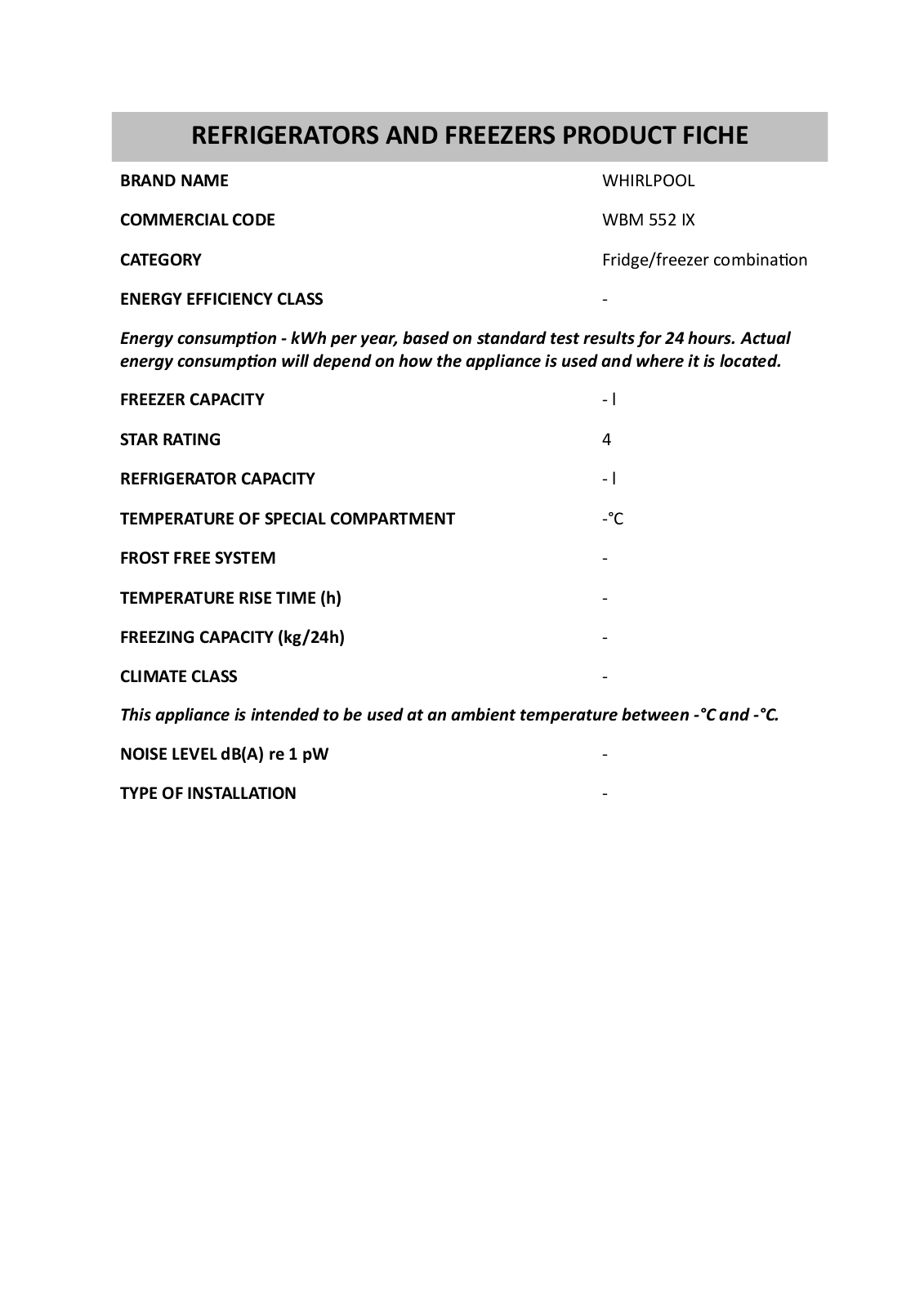 Whirlpool WBM 552 IX Product Sheet