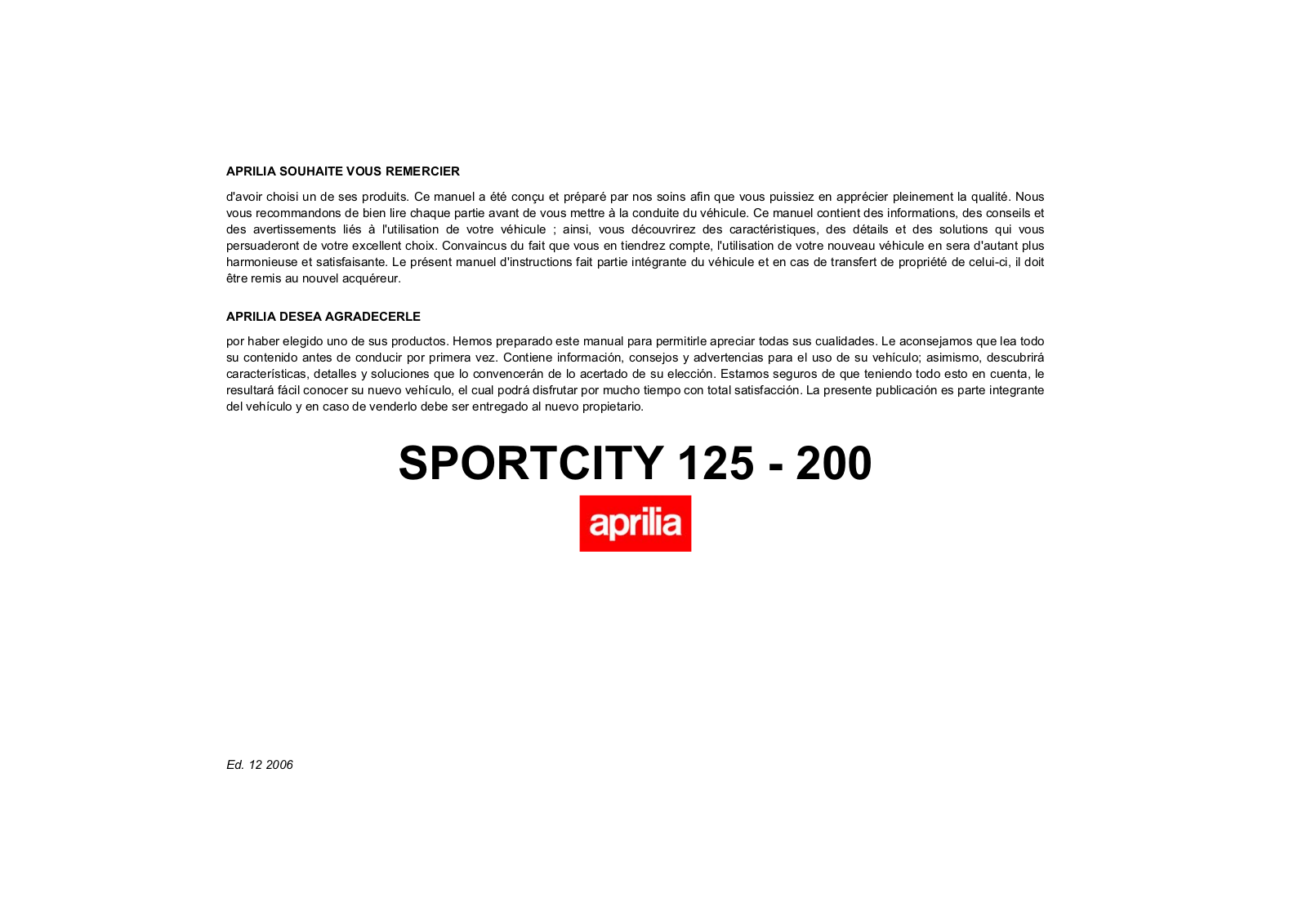 aprilia SPORTCITY 125, SPORTCITY 200 User Manual