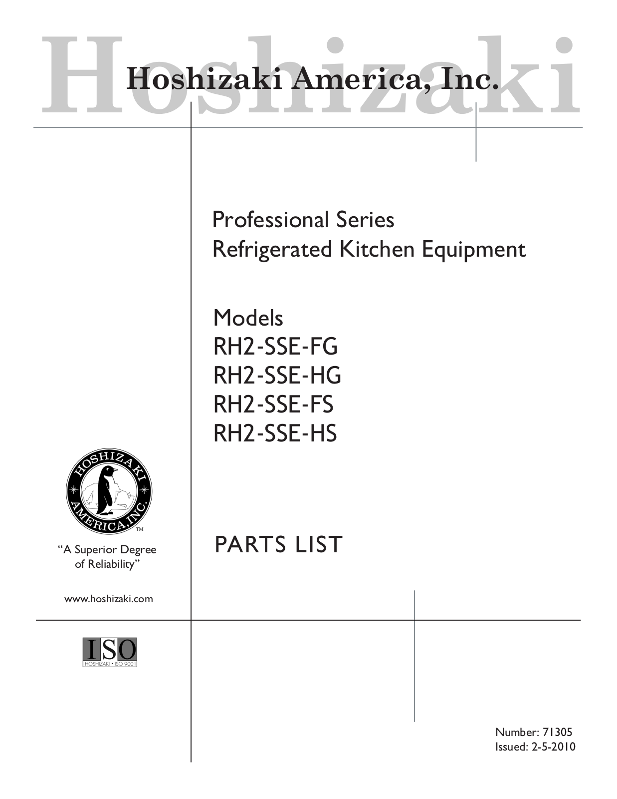 Hoshizaki America RH2-SSE Parts List