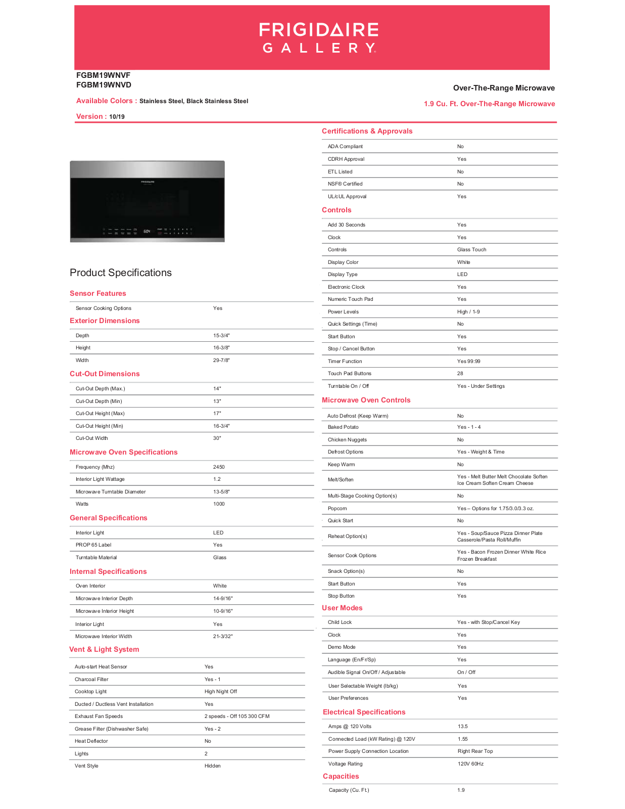 Frigidaire FGBM19WNVF Specifications