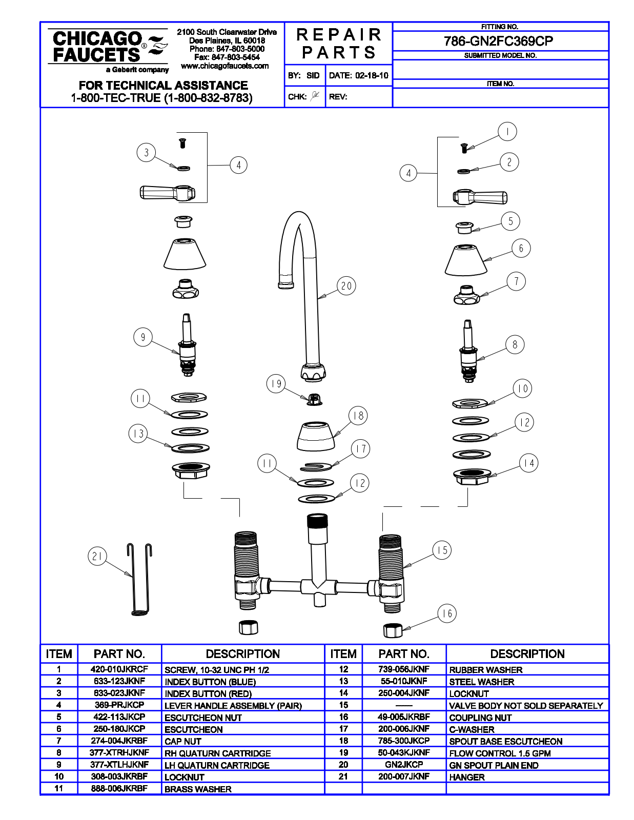 Chicago Faucet 786-GN2FC369 Parts List