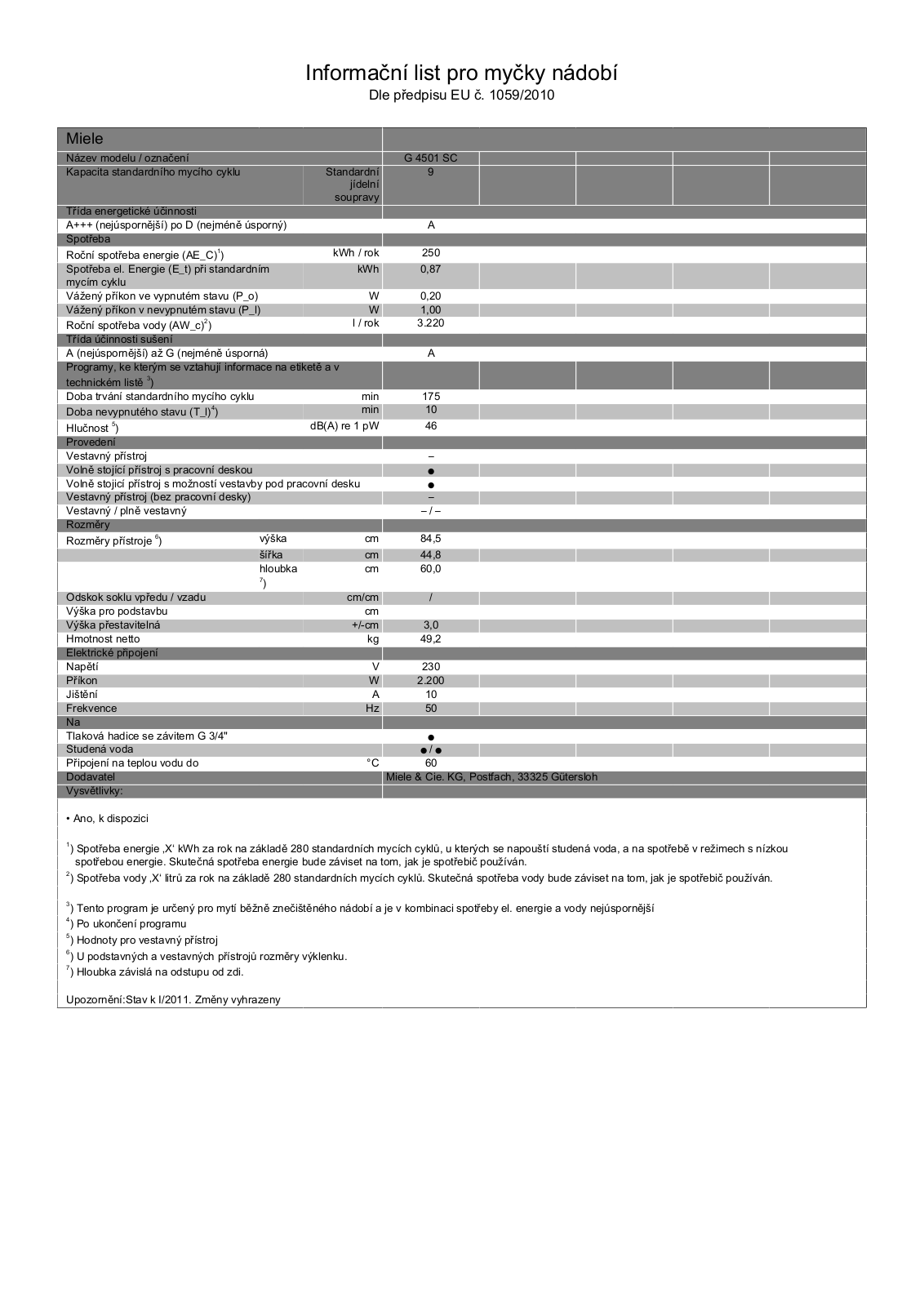 Miele G 4501 SC User Manual