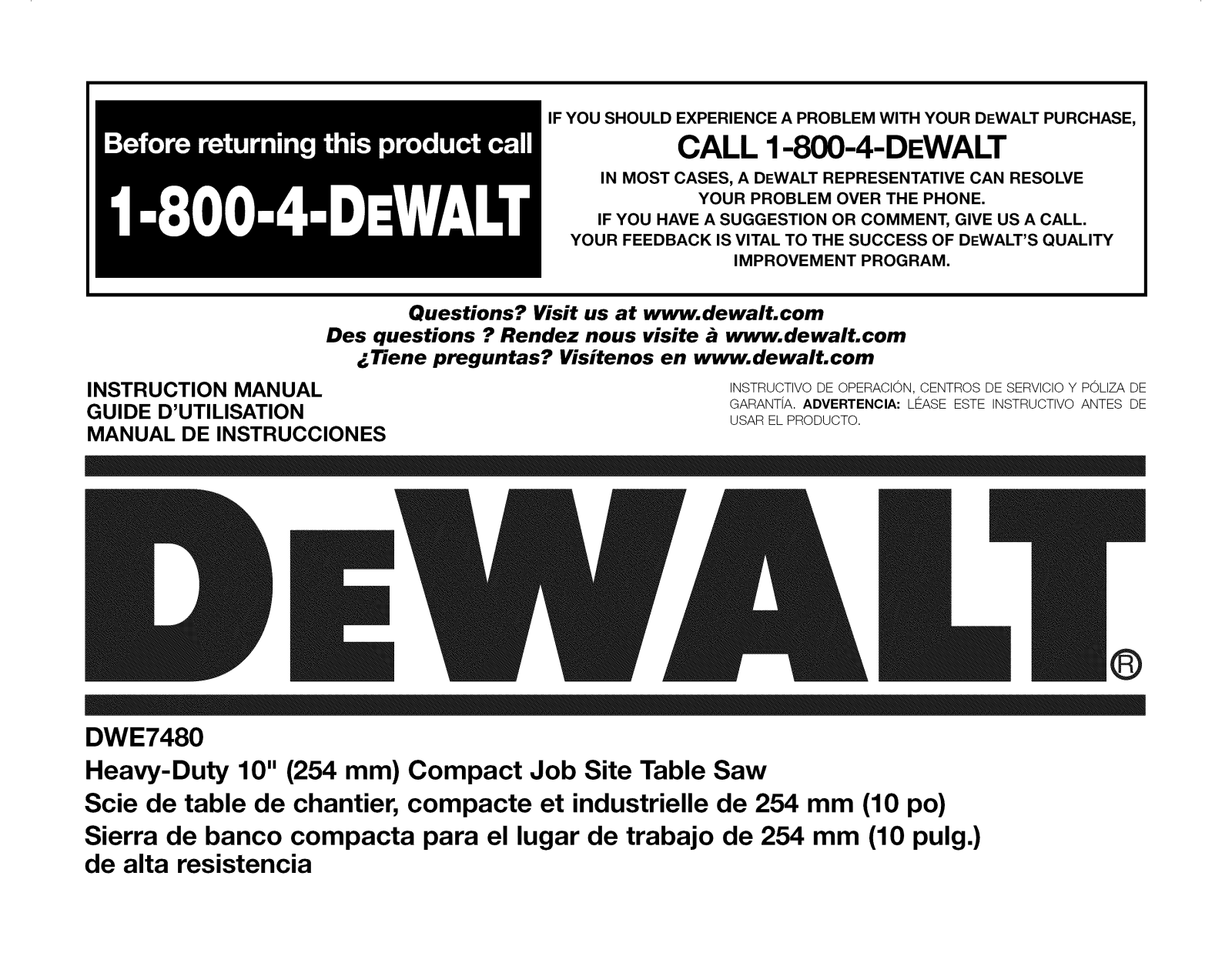 DeWalt DWE7480 TYPE 20, DWE7480 TYPE 1 Owner’s Manual