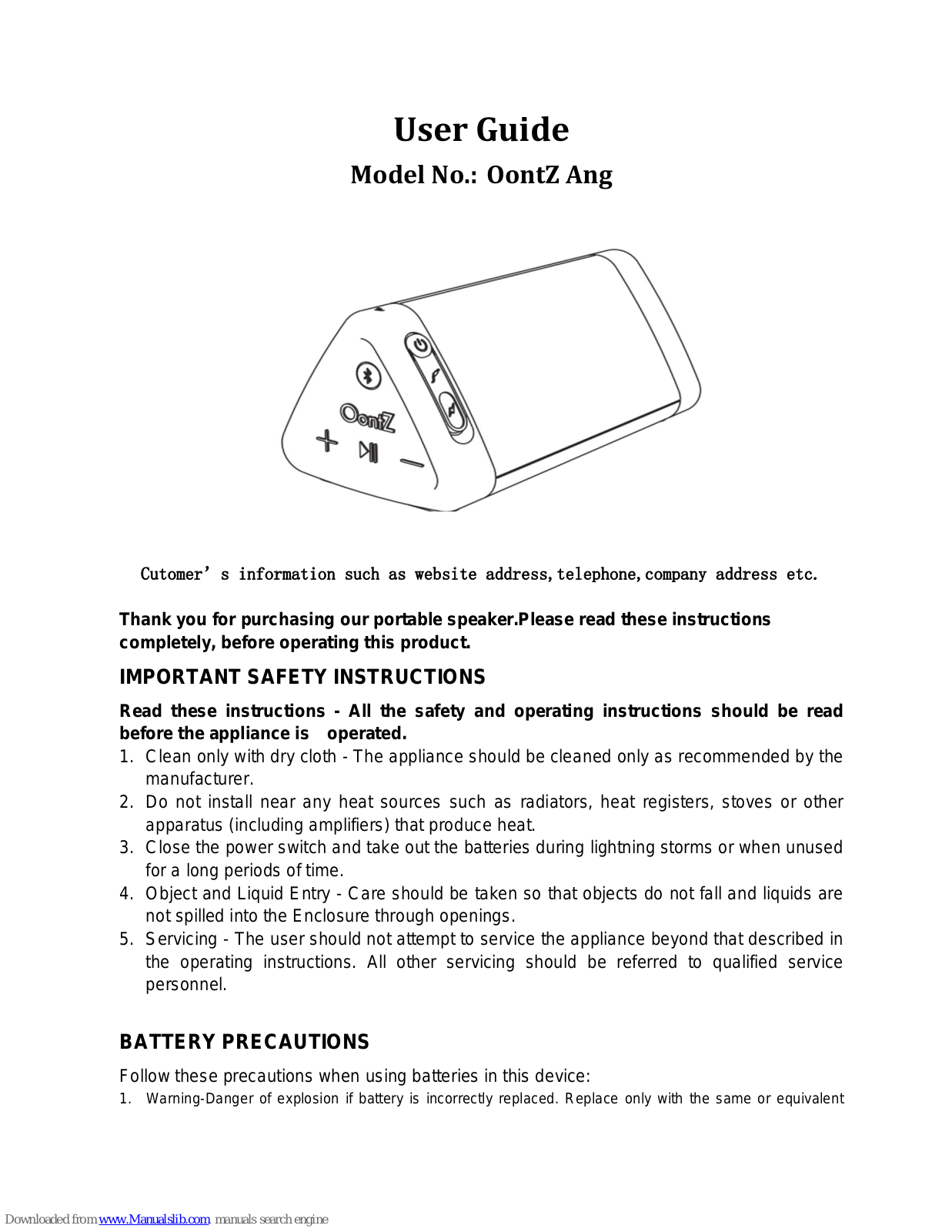 Oontz Ang User Manual